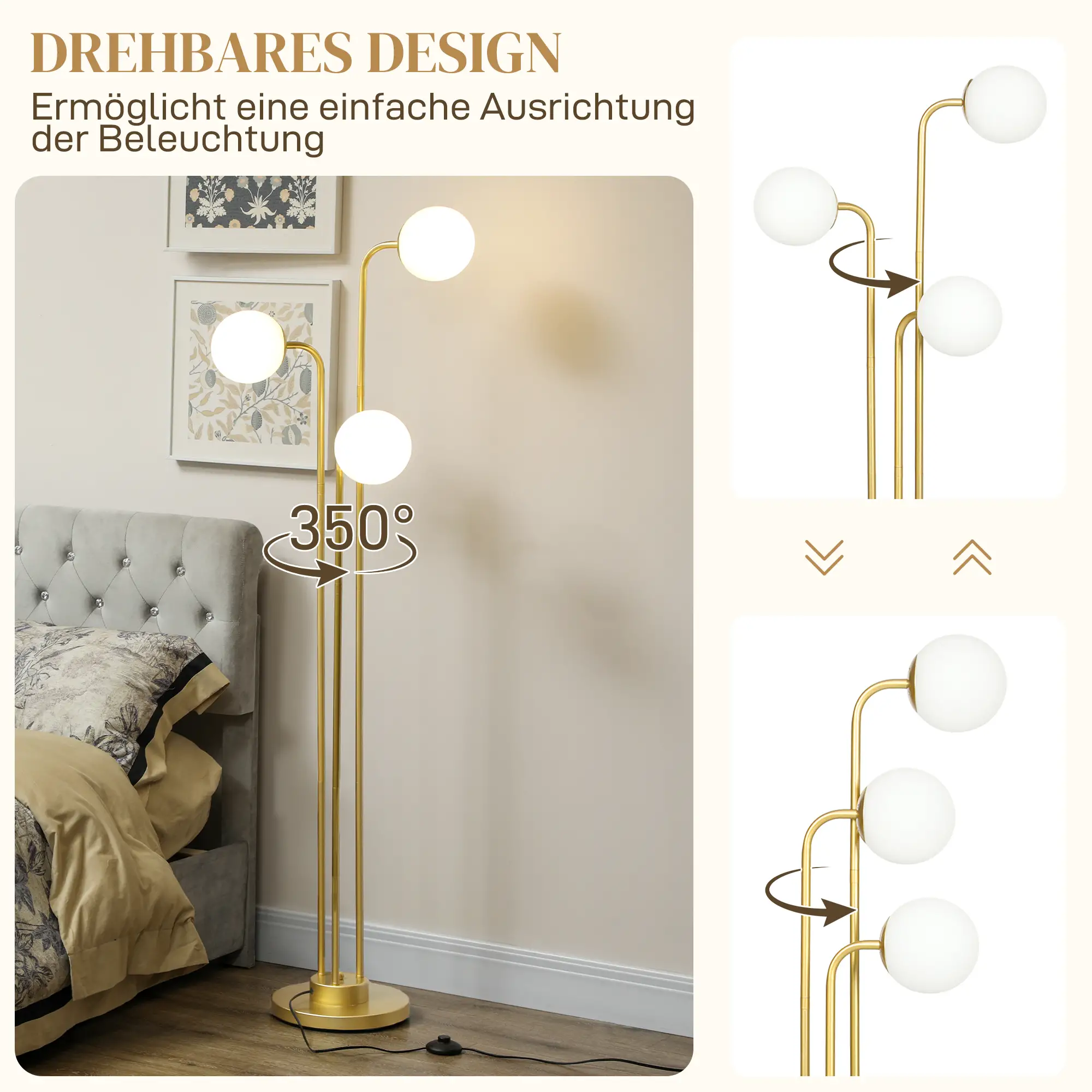 HOMCOM Stehlampe drehbar 3 Schirme Wohnzimmer Leselampe Gold