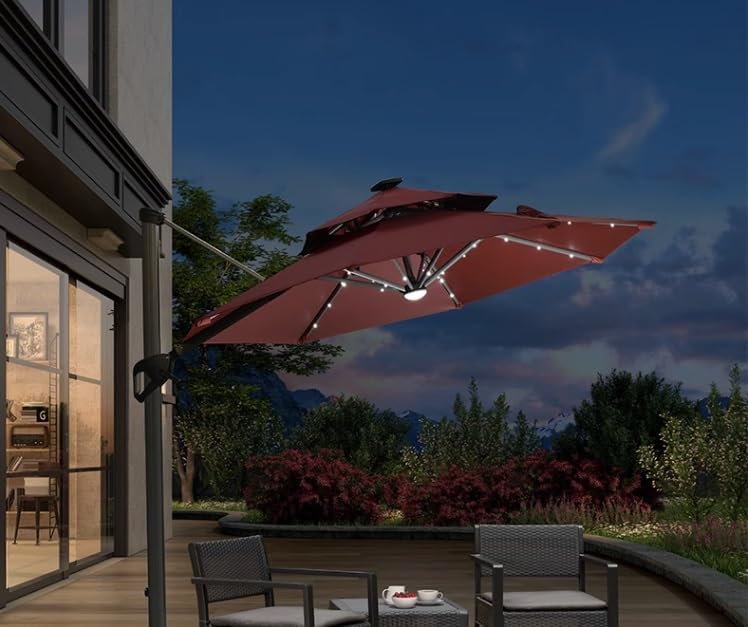 Sonnenschirm, Terrassenschirm, Außenschirm, 2,4 m, freitragender Regenschirm mit Sockel und Solar-LED-Leuchten, neigbarer Regenschirm für den Garten im Freien, Strandschirmschirm