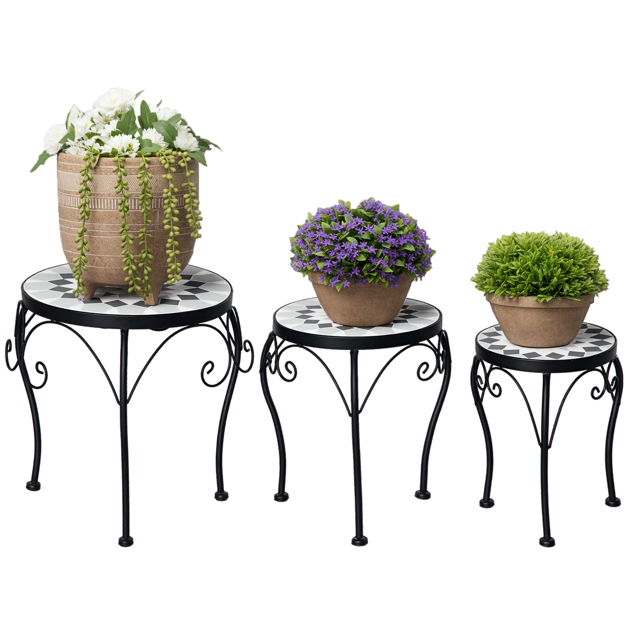 Outsunny Blumenständer 3er Set Pflanzenständer Set Blumenhocker Blumentopfhalter Pflanzenhocker für Blumentopf Keramikfliesen Metall Schwarz+Weiß