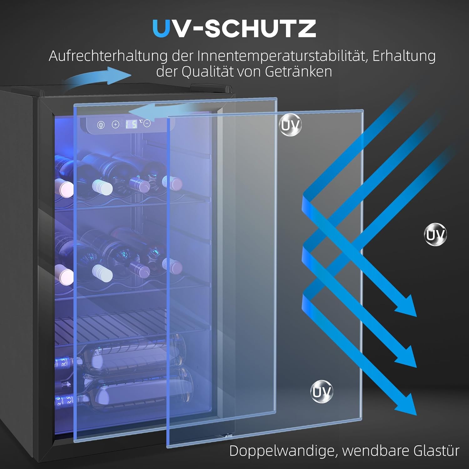 HOMCOM Weinkühlschrank 24 Flaschen, 68 Liter Weinschrank Klein, Getränkekühlschrank Flaschenkühlschrank mit Doppelglas-Tür, 4-16°C, LED-Beleuchtung, Digitalem Touchscreen, Wine Fridge, Schwarz