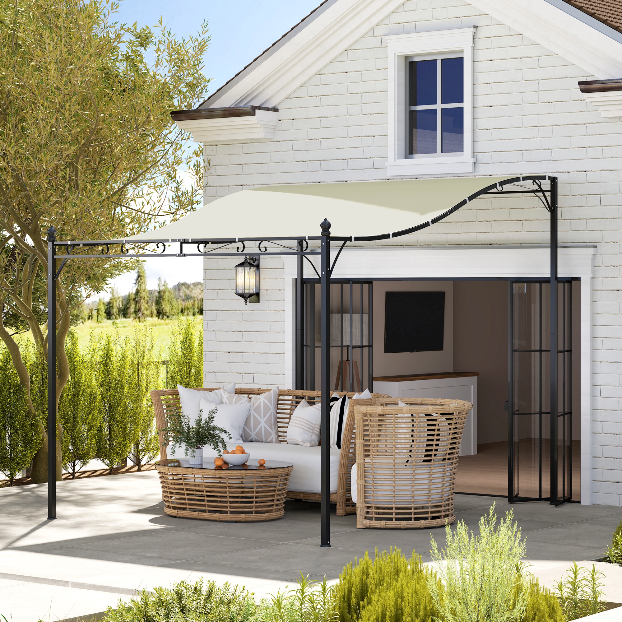 Outsunny 2,5 x 3 m Pergola, Wandgemonteerde Tuinpaviljoen, waterbestendig, Metalen frame, Afvoergaten, Schaduwdak, Crèmewit