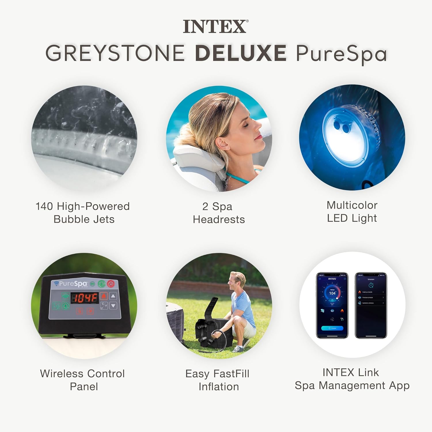 INTEX PureSpa Greystone Deluxe Inflatable Hot Tub  with with Built-in FastFill Inflation System  Spa Control App  and 4 Person Capacity  83