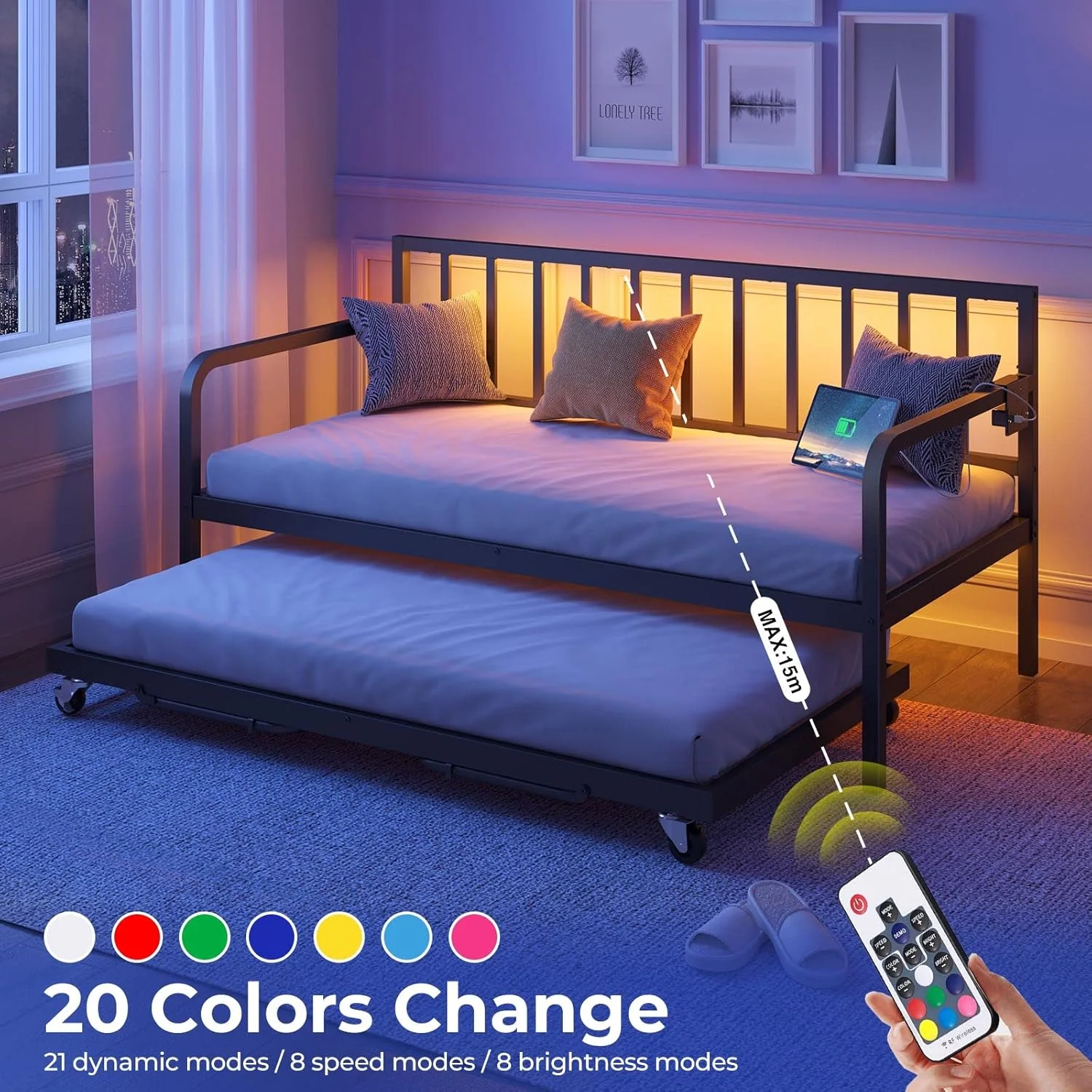 Lounge chair with charging device and LED light, height-adjustable double-person lounge chair with footrests, metal single-person sofa bed frame with steel crossbars, equipped with steel crossbars, suitable for living room, bedroom and guest room, bl