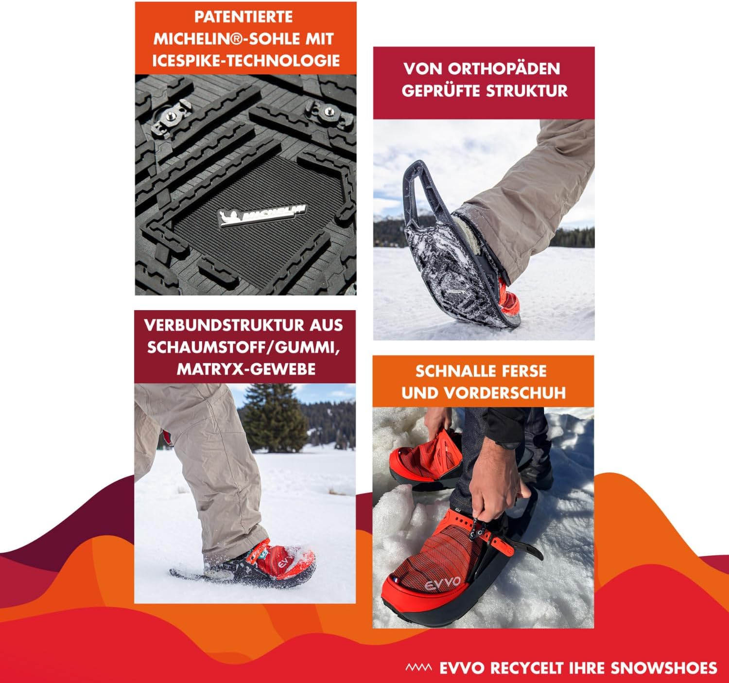 EVVO - Originale - Schneeschuh Michelin® Sohle mit Lamellenstollen und Icespike Techologie. Verstellbare Bindungen, für Männer und Frauen, mit Transporttasche, All Terrain