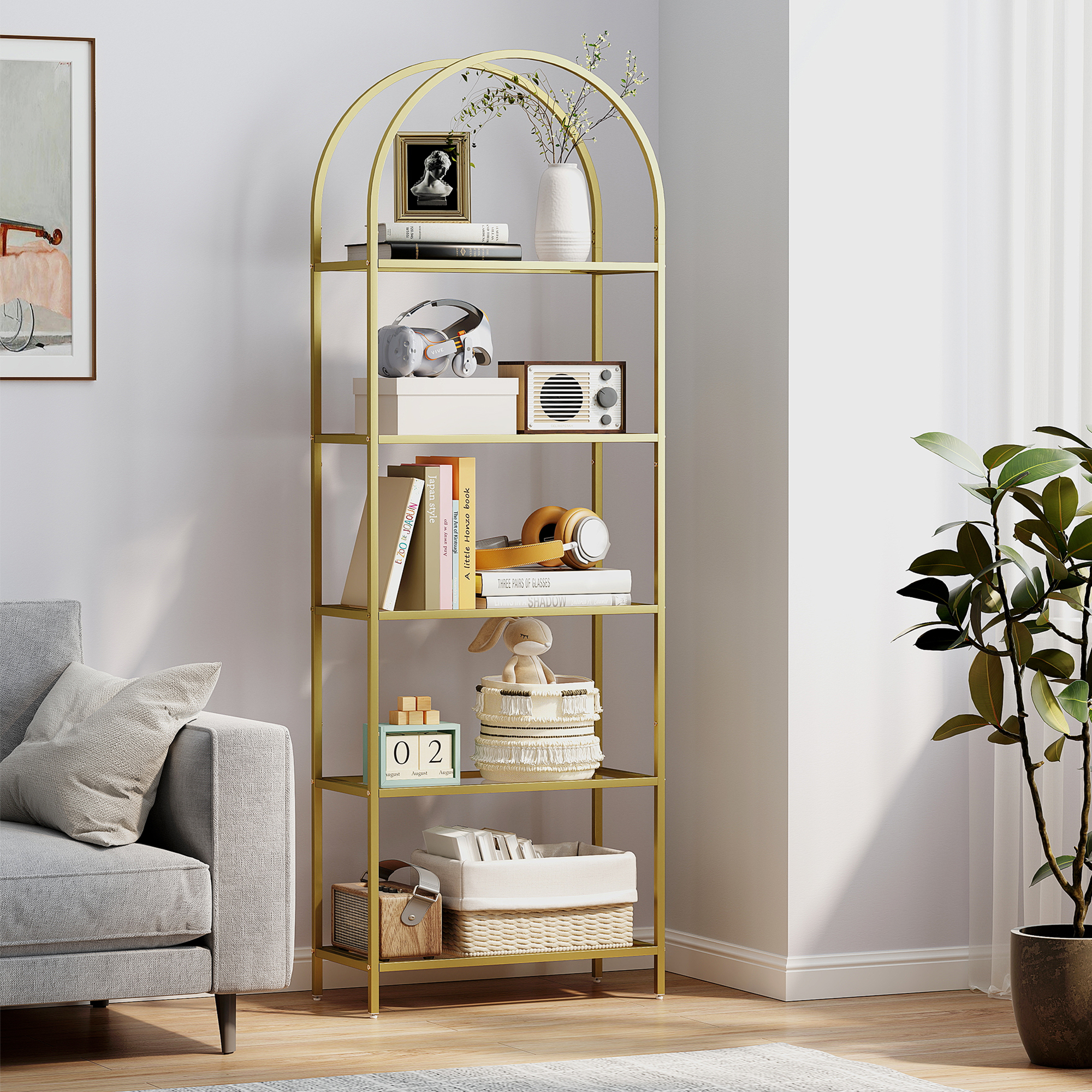 HOMCOM Regal mit 5 Regalen aus Stahl und Gehärtetem Glas, 60x30x175 cm, Gold