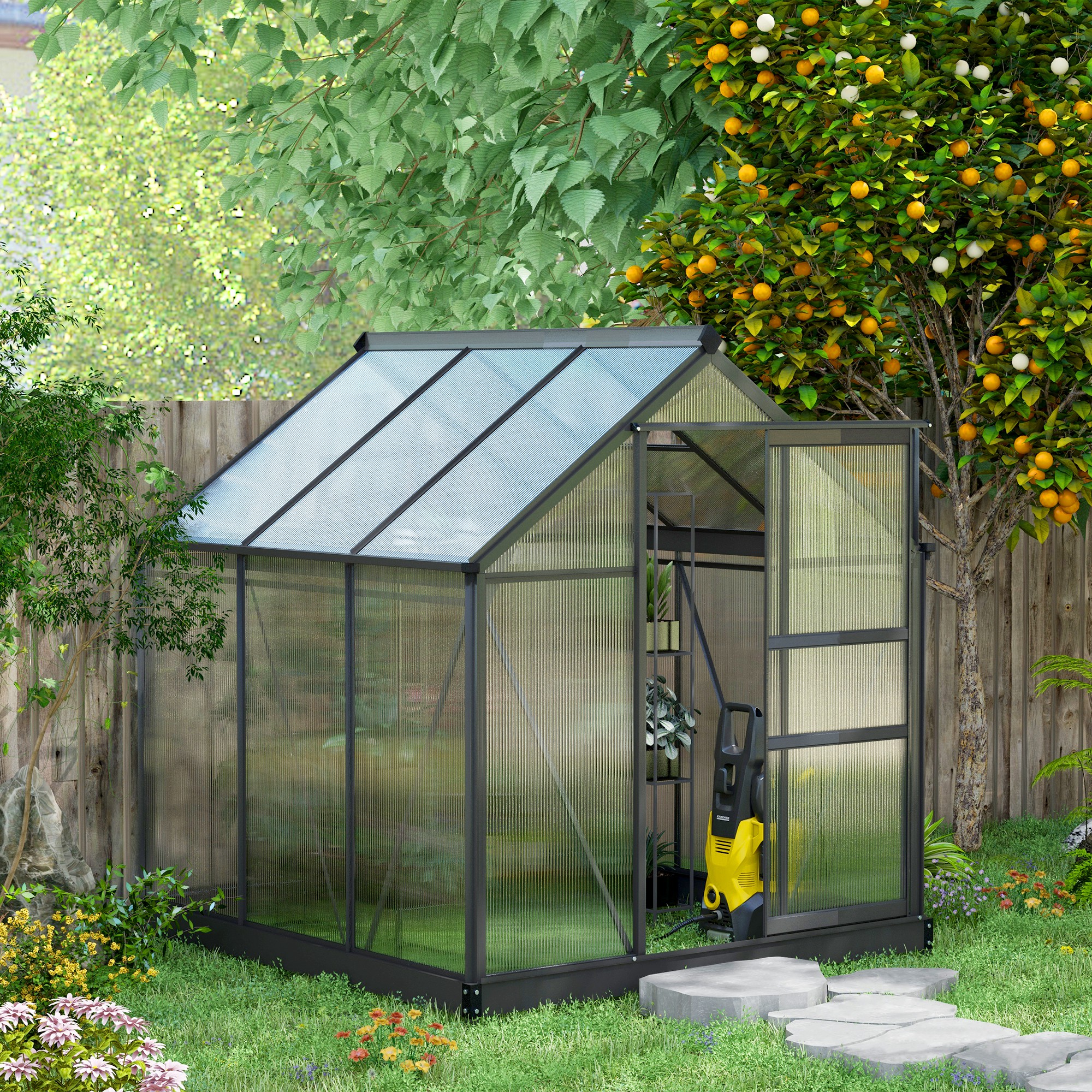 Outsunny Gewächshaus aus Polycarbonat 3,65m² 190 x 192 x 201 cm UV-beständig verstärktes Fundament Regenrinne Grau