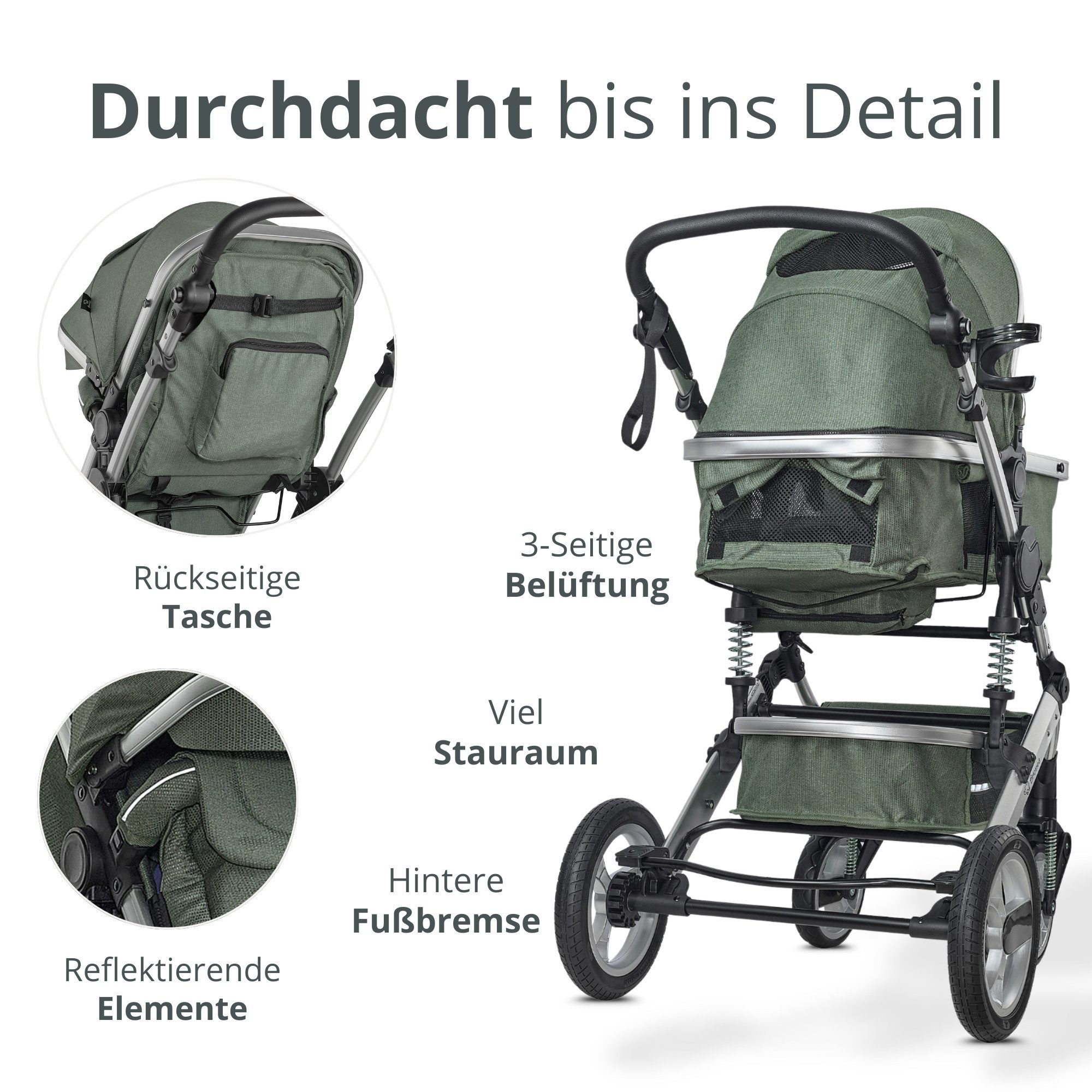 Kombi-Kinderwagen EXQUISE 2.0 Kinderwagen 3-in-1 GRÜN/SILBER mit BUGGY, AUTO-BABYSCHALE