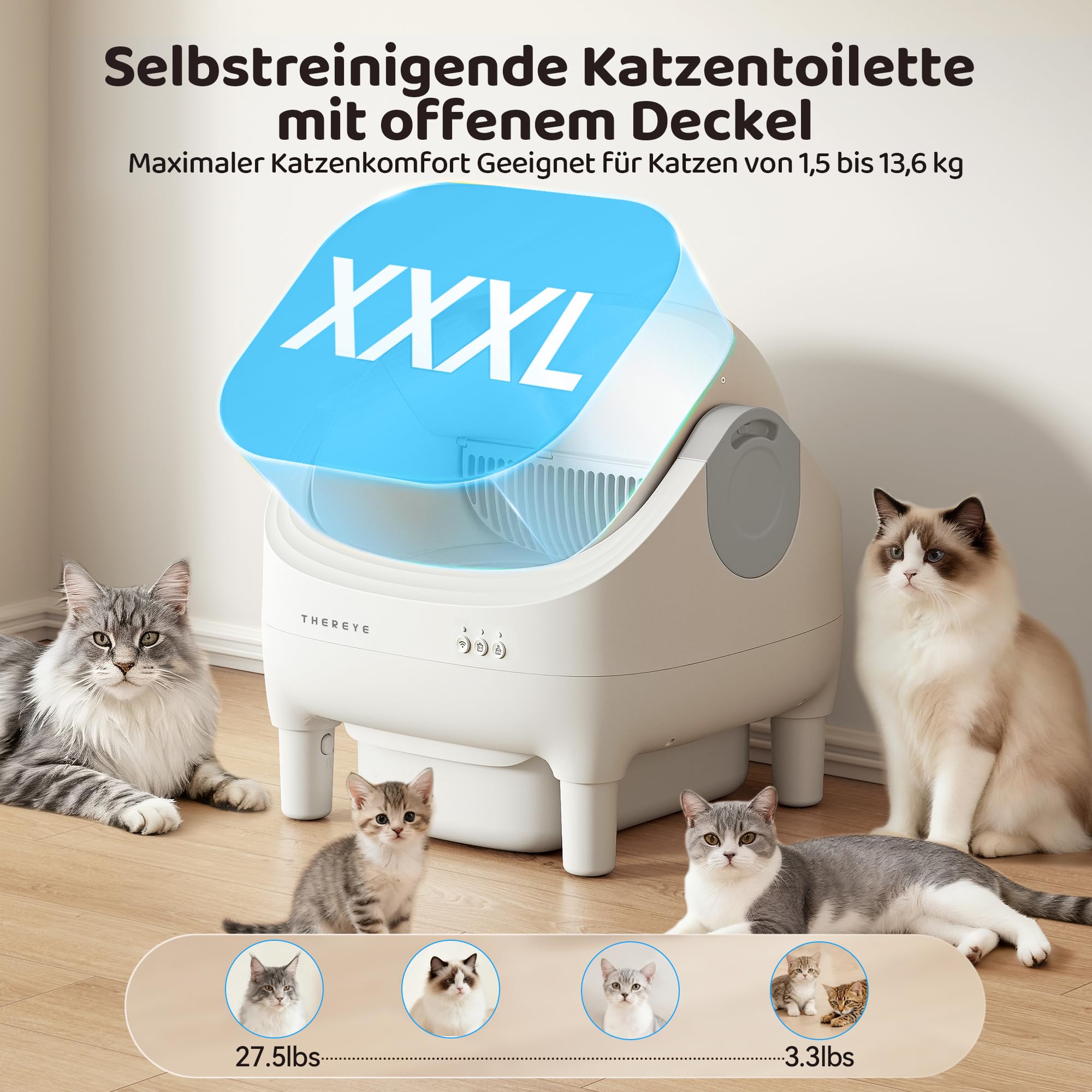 Selbstreinigende Katzentoilette XXL Kapazität offenes Design leichte Reinigung für große Katzen
