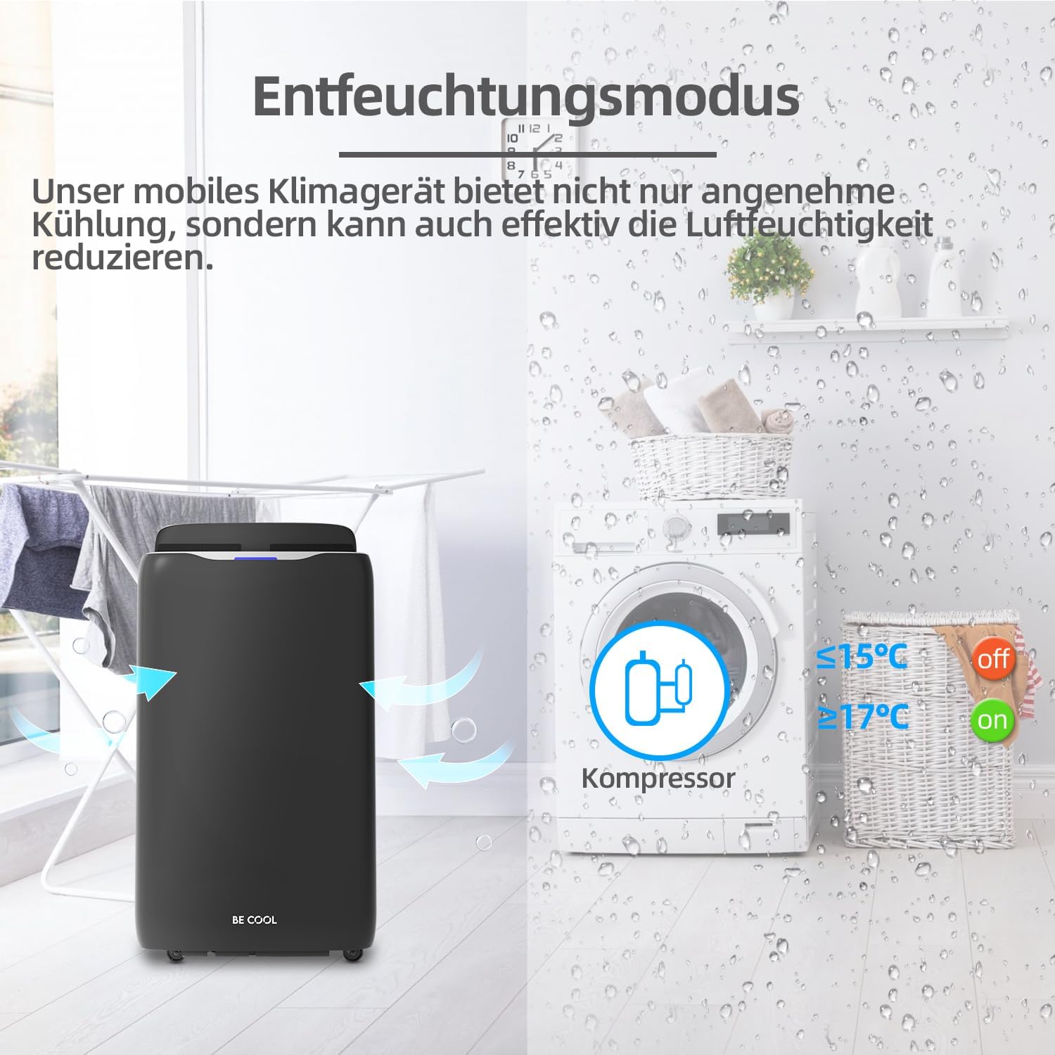 BE COOL 4in1 Klimagerät 14.000 BTU BC14KL2402FW – Kühlen: 14.000 BTU, Heizfunktion, bis max. 125 m³, WiFi-Steuerung, Fernbedienung, schwarz