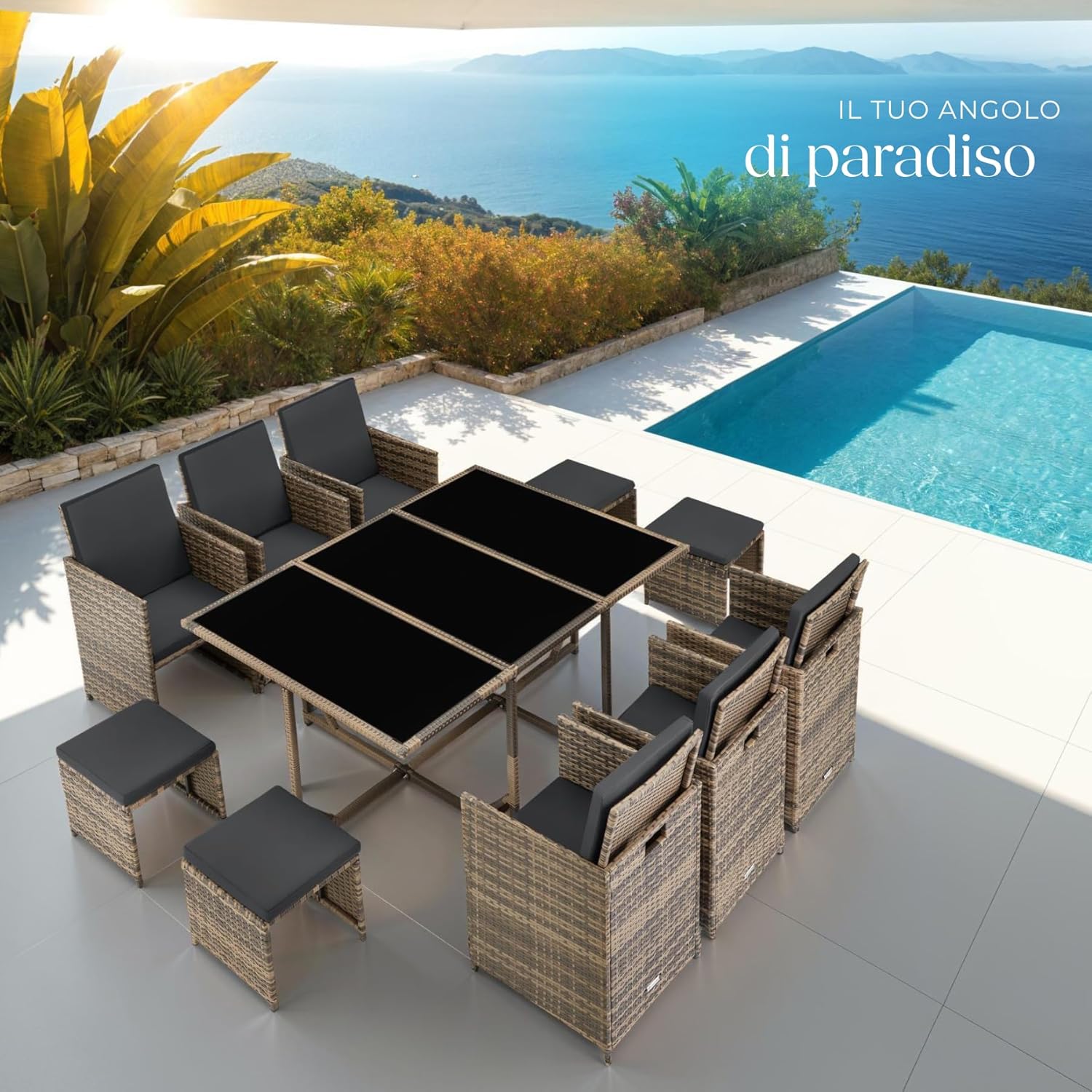 TecTake® Set in Poli Rattan, Set da Conversazione, Arredamento Giardino Elegante, 6 Sedie da Esterno, 1 Tavolo in Vetro, 4 Sgabelli, Ideale per Balcone, Giardino e Terrazzo - Naturale