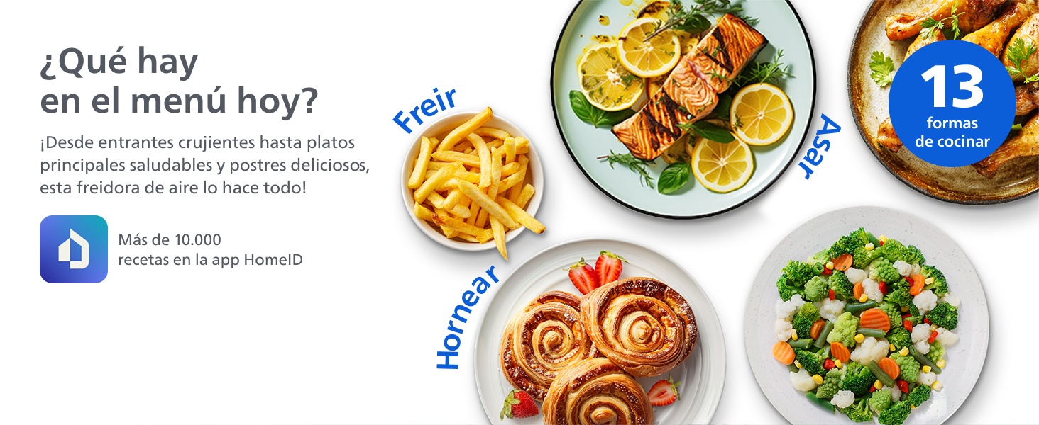 Tekst brzmi: „Co dziś w menu?” i „13”. Interfejs aplikacji gastronomicznej pokazuje różne gotowe dania, takie jak sałatki i ciasta.