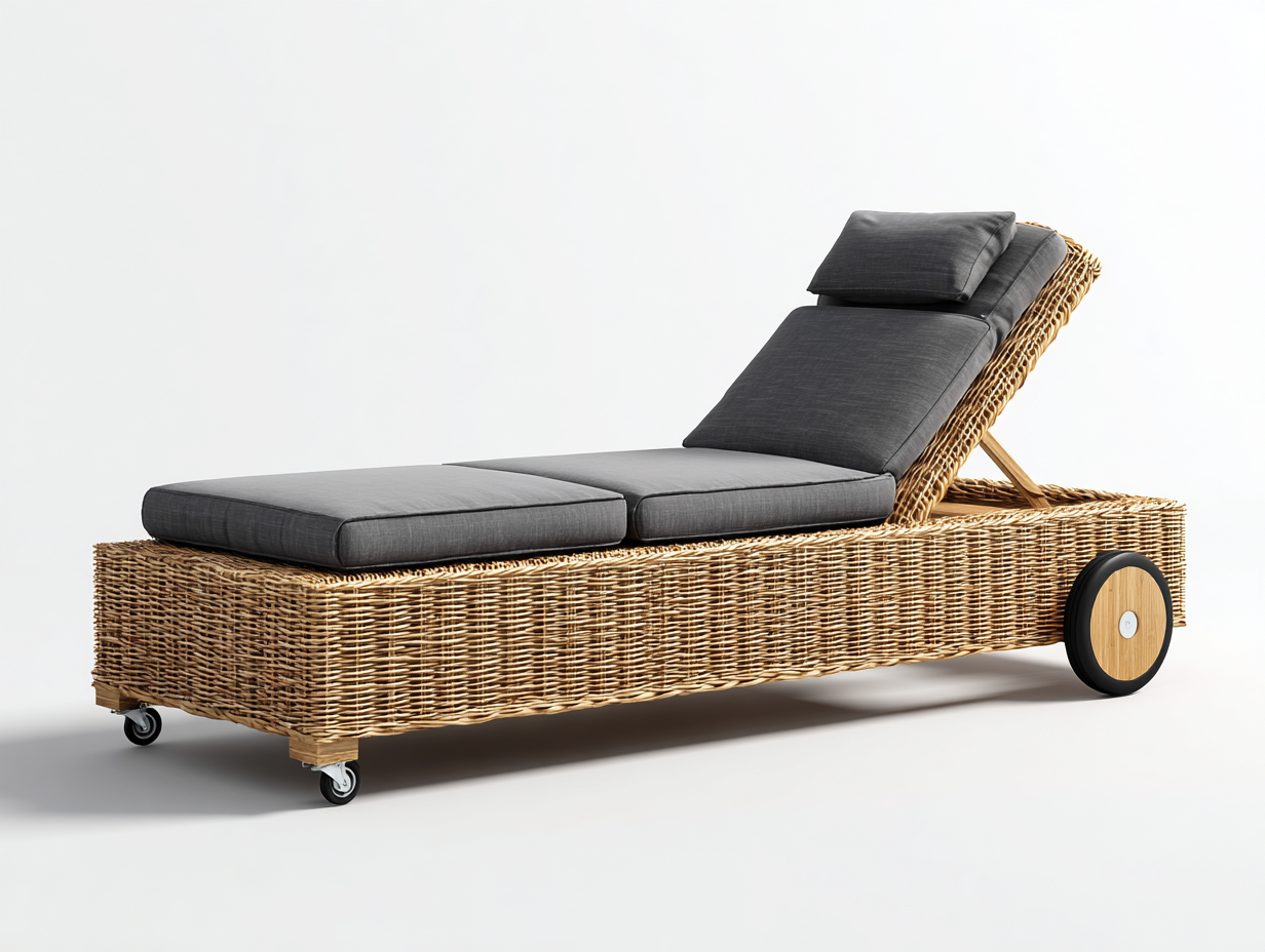 Tumbona de exterior ratán sintetico 198x70x34 cm - gris-marron natural - respaldo reclinable con ruedas estilo moderno