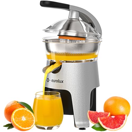 Eurolux Die Cast Stainless Steel Electric Citrus Juicer Squeezer, for Orange, Lemon, Grapefruit | 300 Watts of Power, With 2 Stainless Steel Filter Sizes for Pulp Control: Home & Kitchen