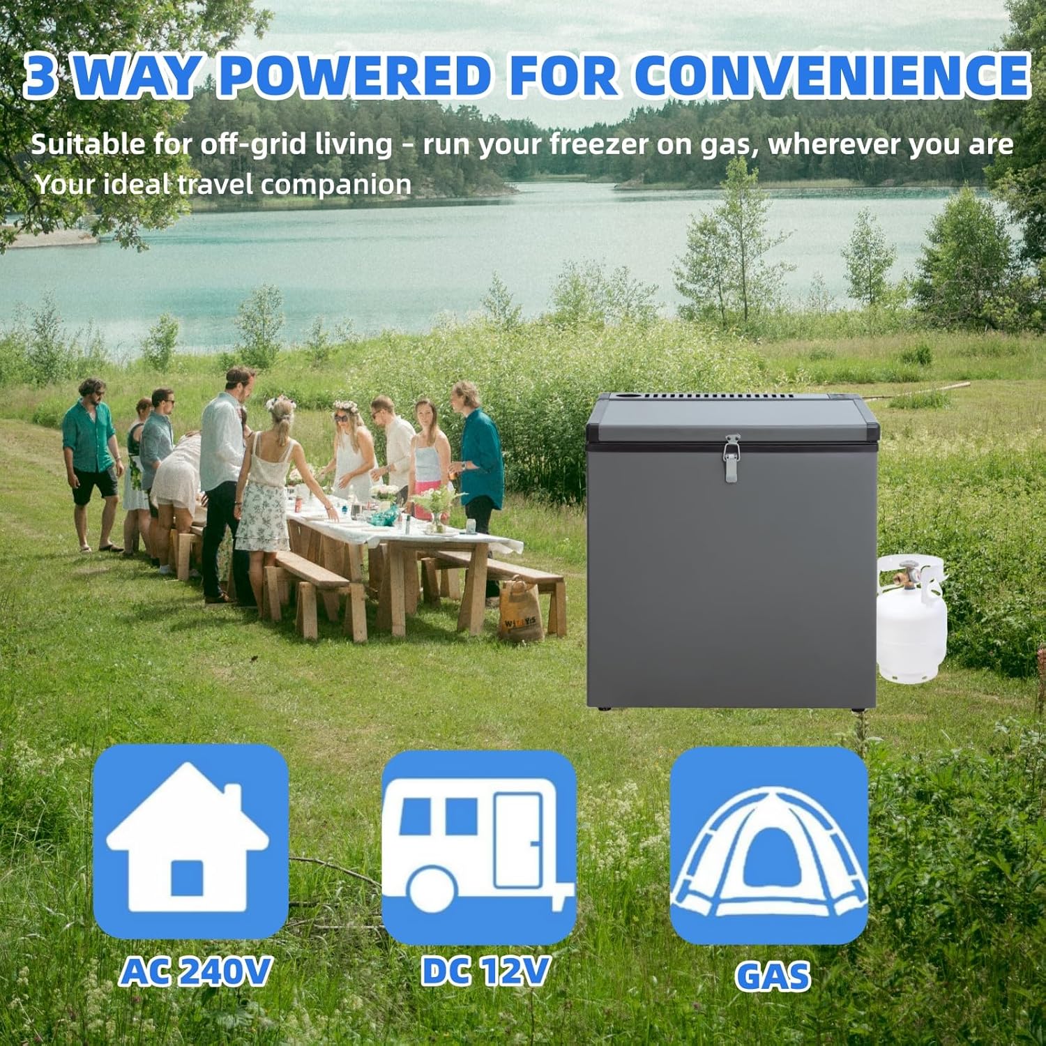 Smad Gas Gefrierfach, 70 l, Dreifach Gemischt, 12 V/230/LPG, Camping, Gas Gefrierschrank, geräuschlos, für Garage, Mobile, Reise, Schwarz