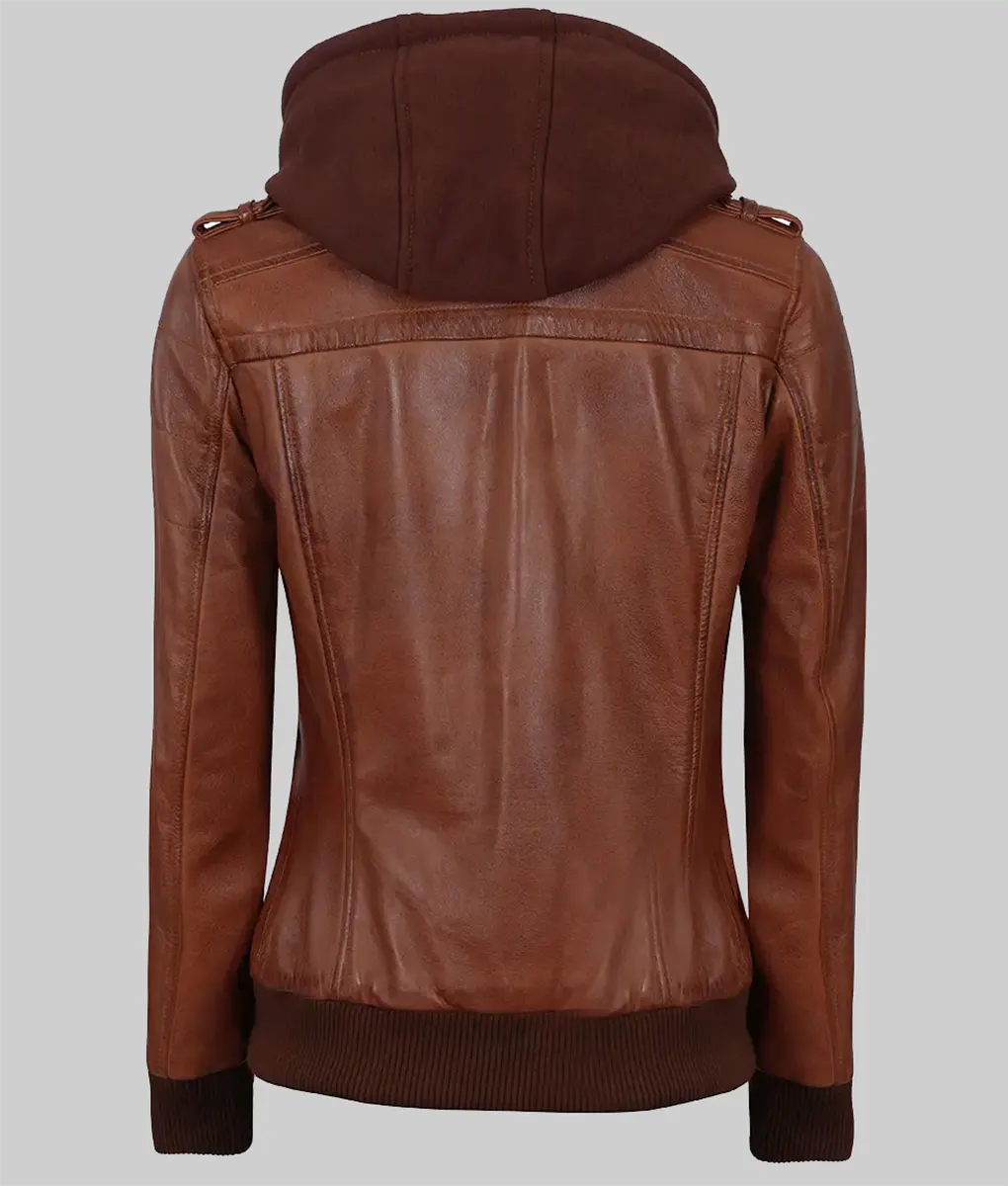 Sabrina Vintage Brown Hooded Bomber Leather Jacket