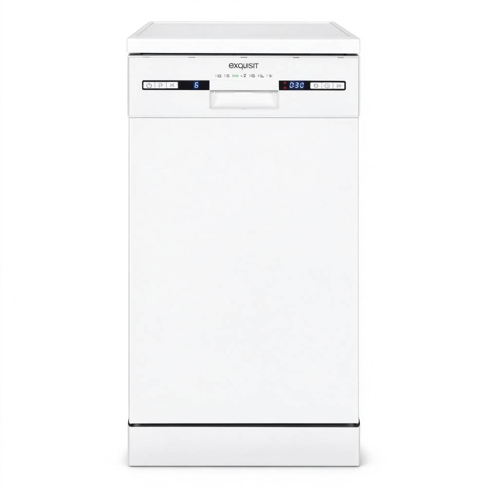 Freistehende Spülmaschine 45 cm für 9 Maßgedecke, 7 Programme bis 65 °C mit ECO-Modus und 49 dB(A), weiß