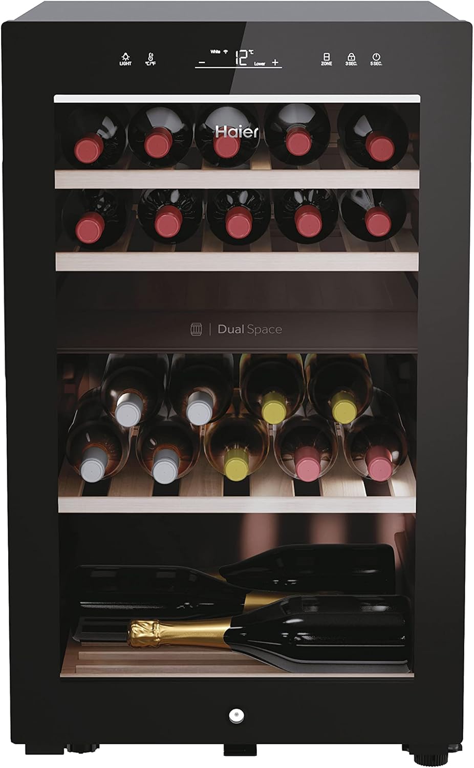 Haier Wine Bank 50 Serie 7 Cantinetta Vino Doppia Temperatura, 42 Bottiglie, Vetro Anti-UV, LED 3D, Controllo tramite App, Libera Installazione, Classe G, 49,7 x 58,5 x 82 cm, Nera - HWS42GDAU1