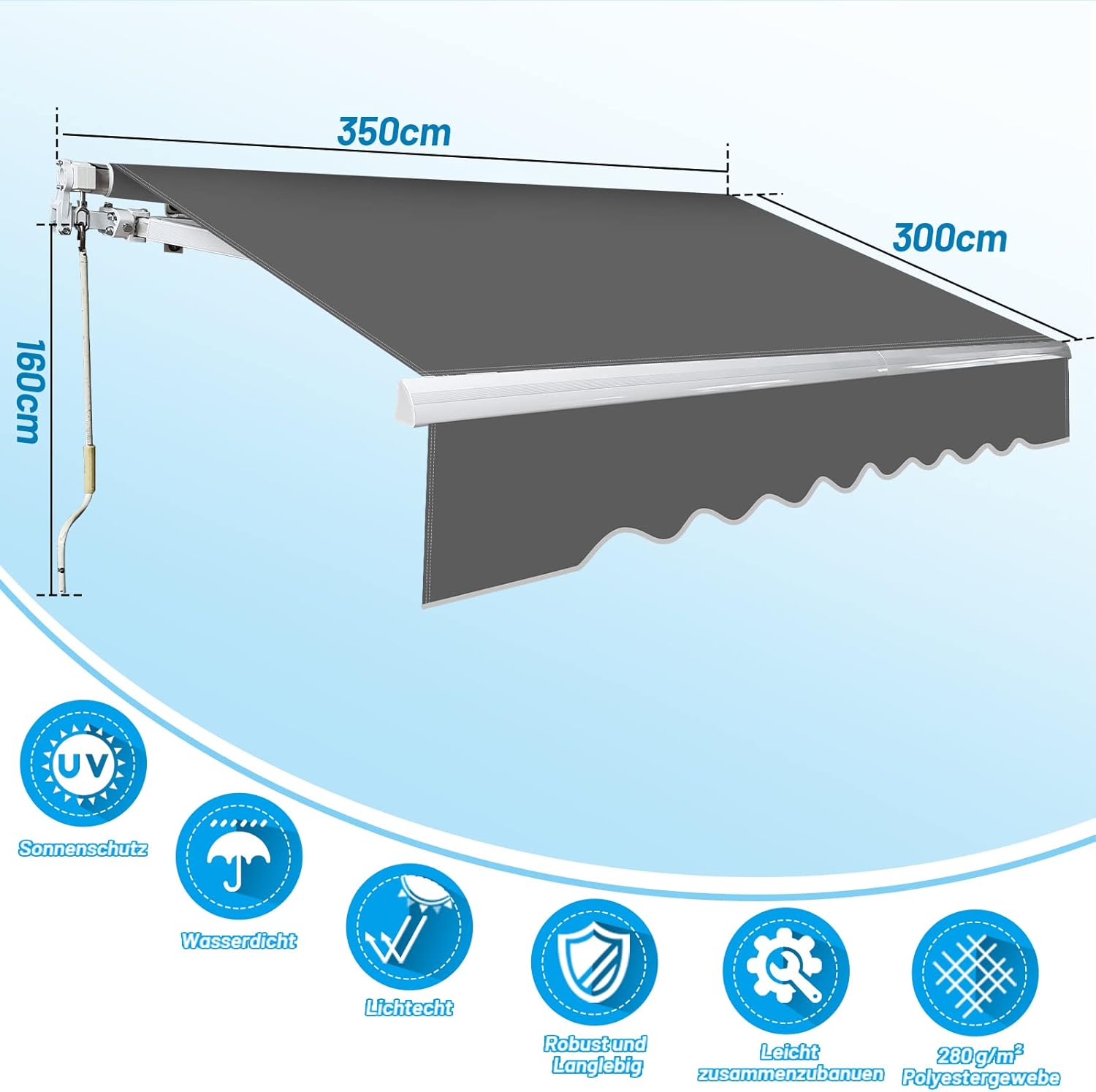 Gelenkarmmarkise Markise, 350x300cm Einziehbare Markise mit Handkurbel, Sonnenschutz Wasserschutz, Winkel einstellbar bis 30 Grad, Erfordert Montage inkl. Wandhalterung, Grau