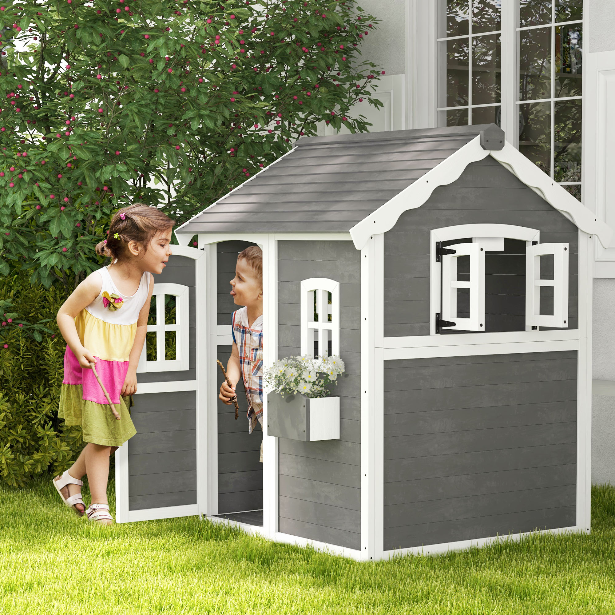 Outsunny Spielhaus für Kinder, Indoor- und Outdoor-Haus mit Tür, Fenstern und Pflanzkasten, Tannenholz, Grau
