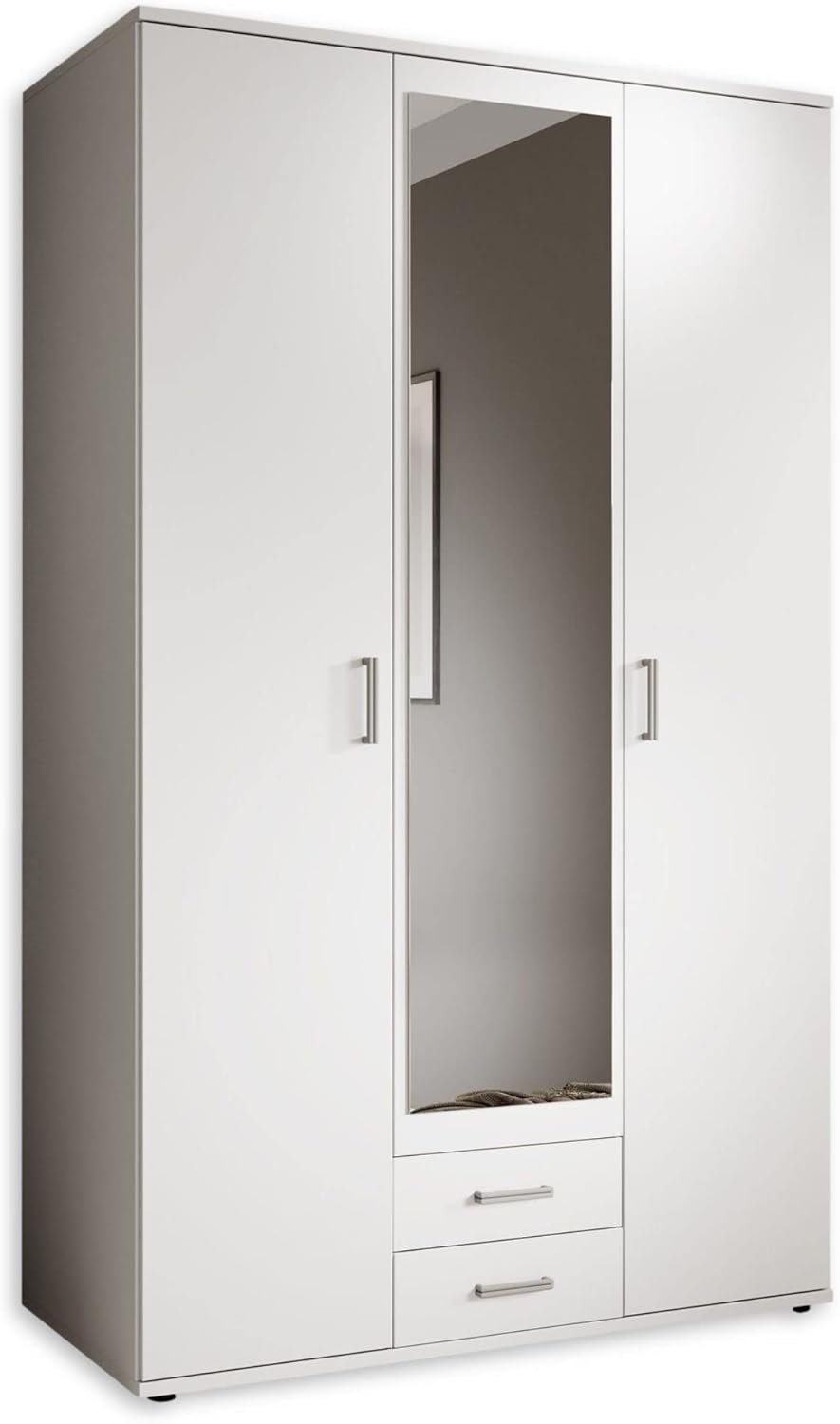 Stella Trading KARL Eleganter Kleiderschrank 3-türig mit viel Stauraum - Vielseitiger Drehtürenschrank in Weiß mit Spiegeltür - 120 x 195 x 55 cm (B/H/T)