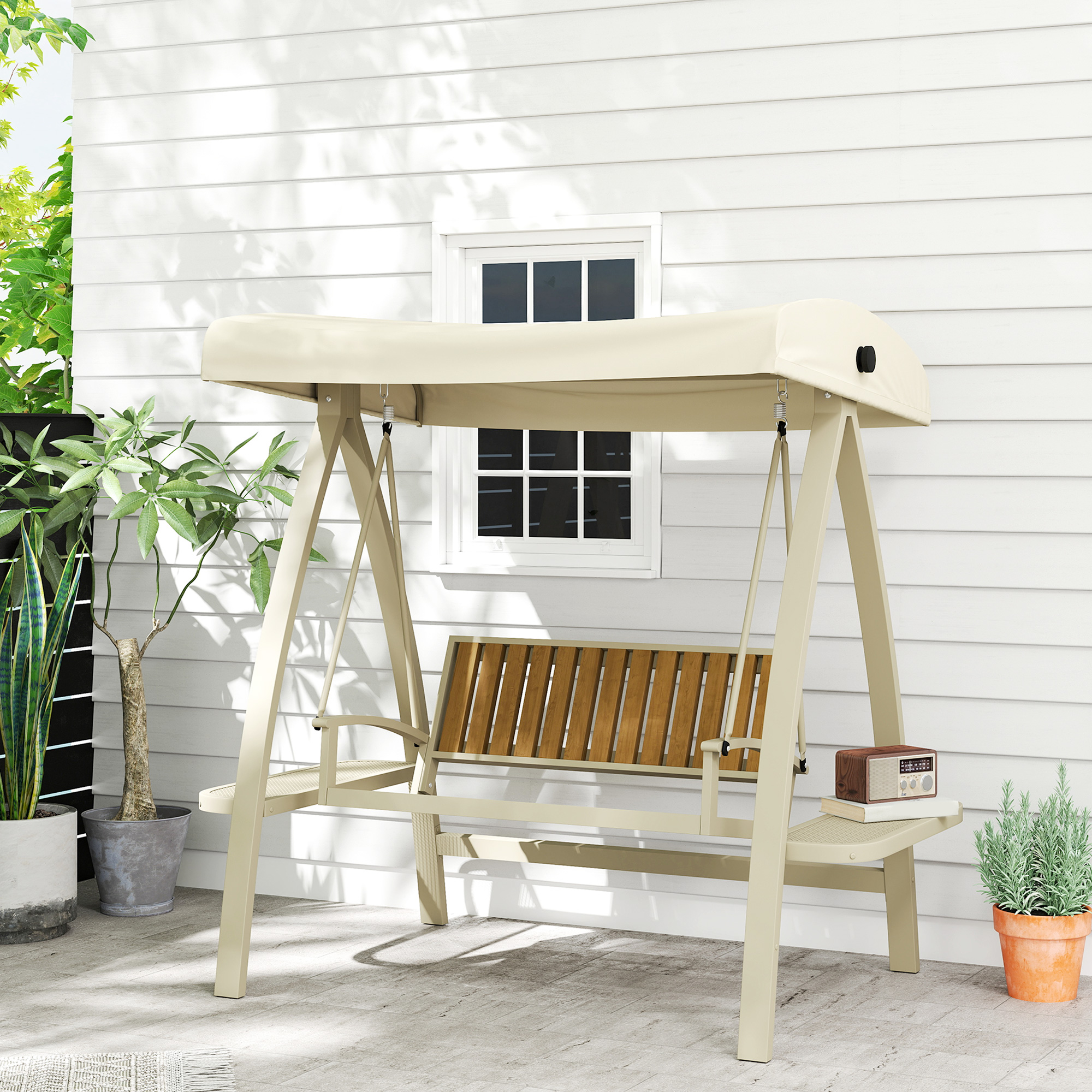 Outsunny Hollywoodschaukel 2-Sitzer Gartenschaukel mit verstellbarem Sonnendach, Seitentisch 200 x 120 x 190cm, Beige