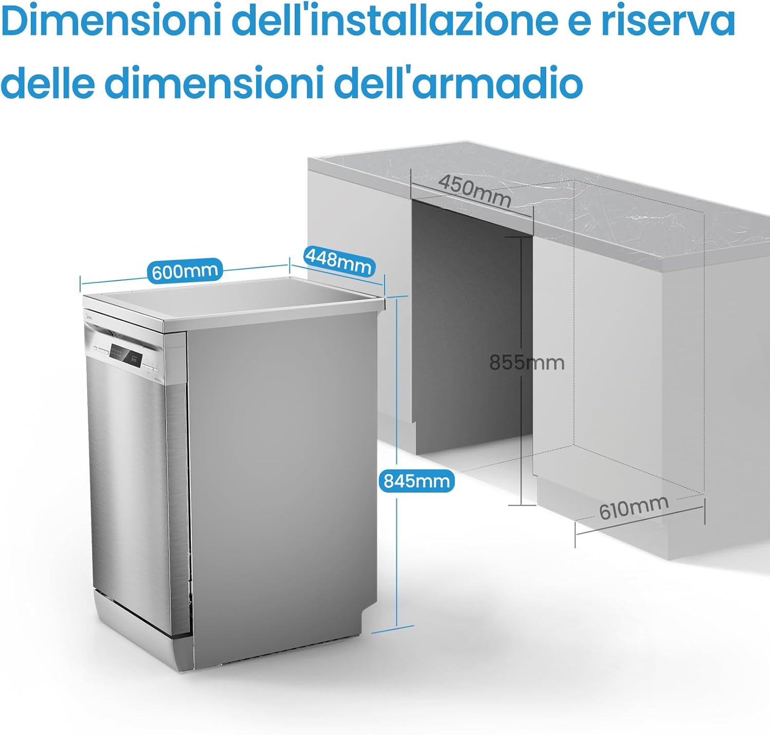 Midea MFD60S200X.1-IT Dishwasher Freestanding with 14 Places, 8 Programs, LED Display, Delay Start, Half Load Function, Extra Drying - Stainless Steel