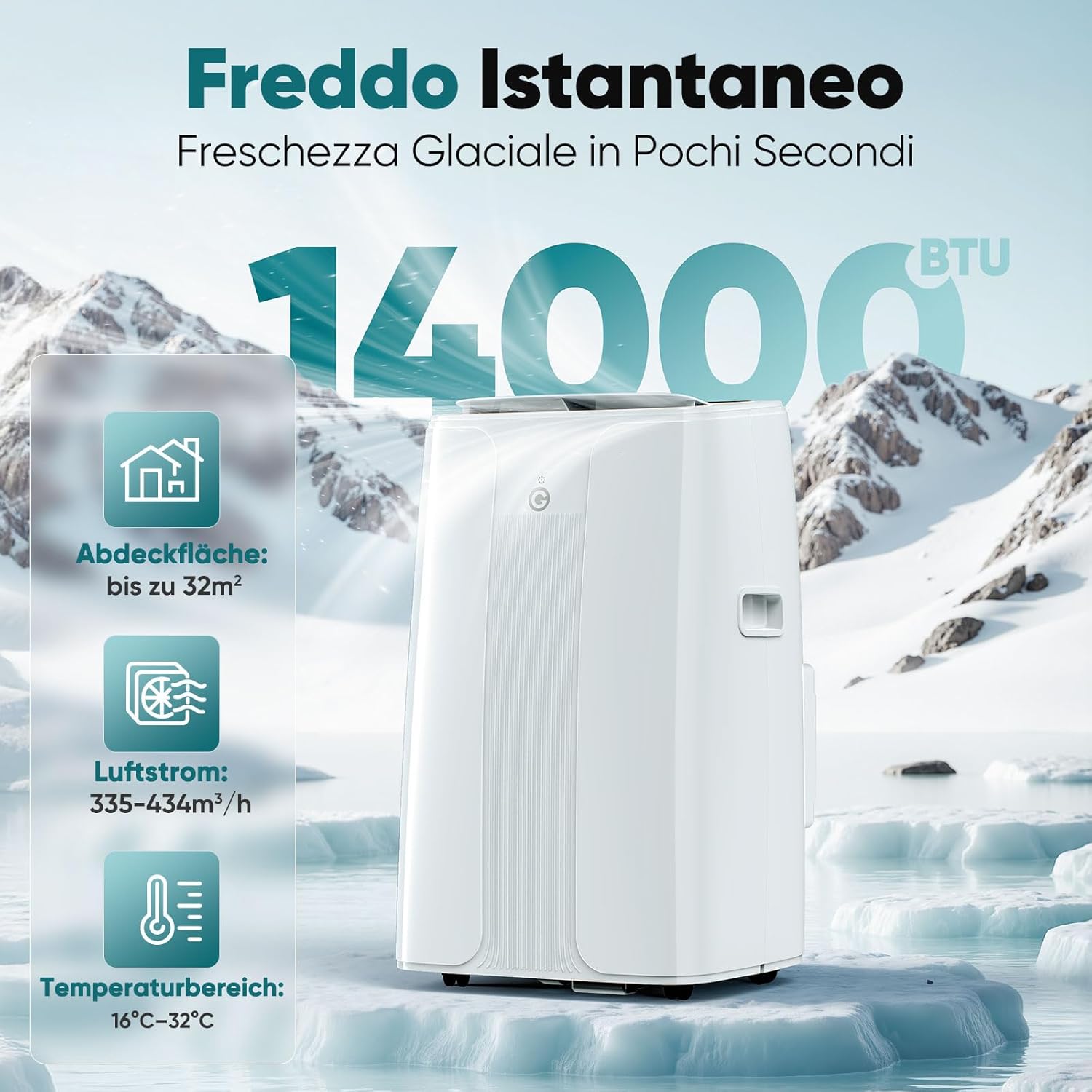 Condizionatore Portatile 14000 BTU con Deumidificatore 4 in 1, Ventilatore di Raffreddamento a 2 Velocità, Display Digitale e Telecomando, Kit Finestra, Timer 24 Ore Per Stanze Fino a 32 m²