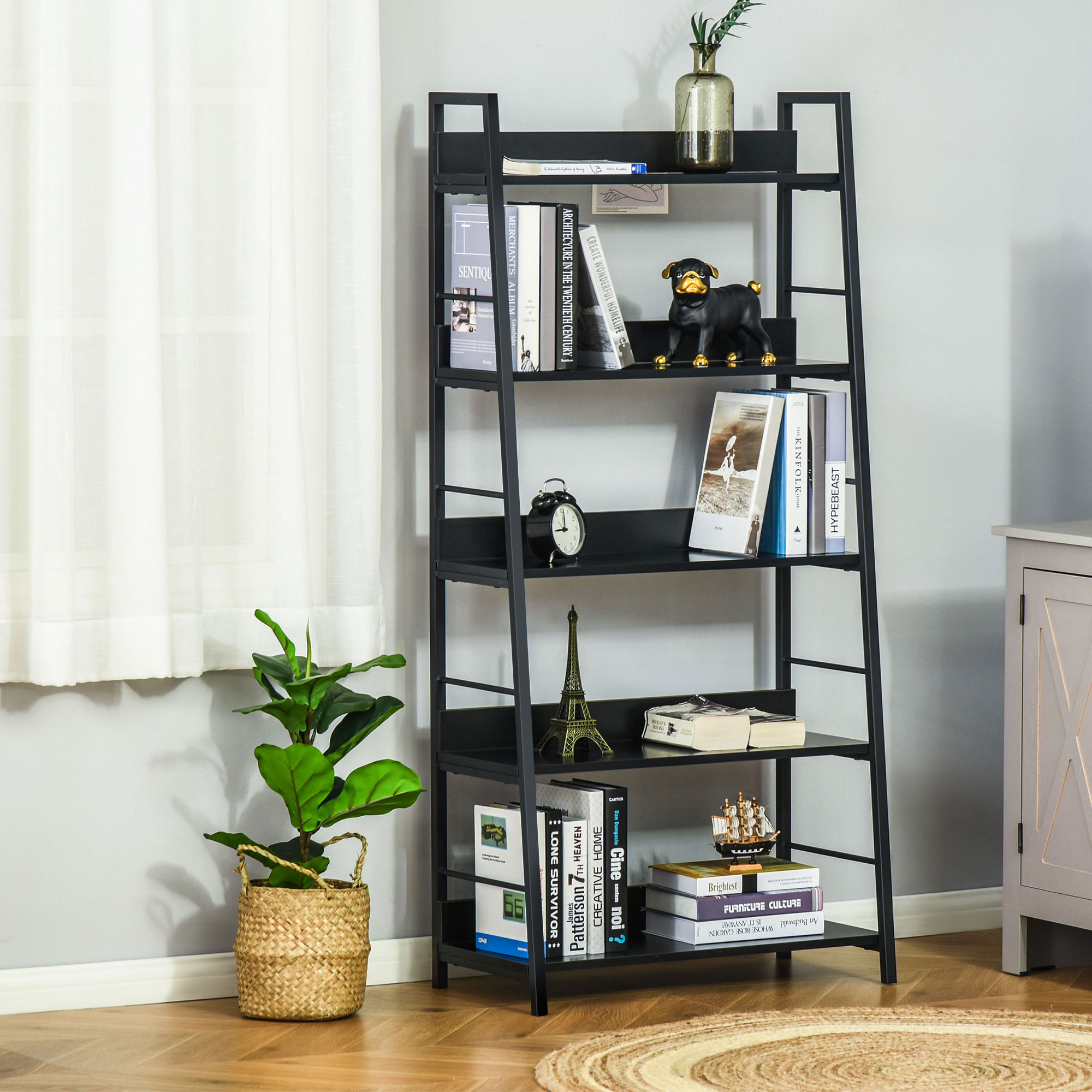HOMCOM Bücherregal Regal mit schräger industrieller Aufbewahrung 5 Ebenen 70L x 35B x 150H cm Schwarz