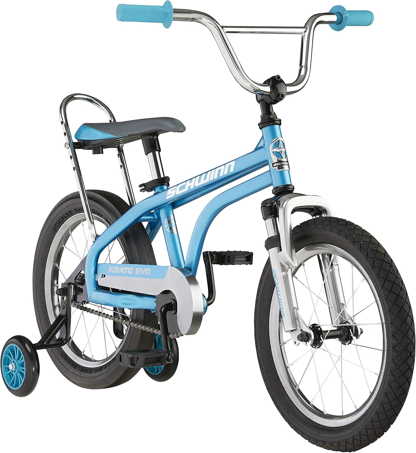 Blue Kids Bike by [Brand Name], 16 Inch Wheels, Front Suspension, Slick Rear Tire, Removable Training Wheels, Rear Coaster Brake, Ages 3 5, Height 38 48 Inches