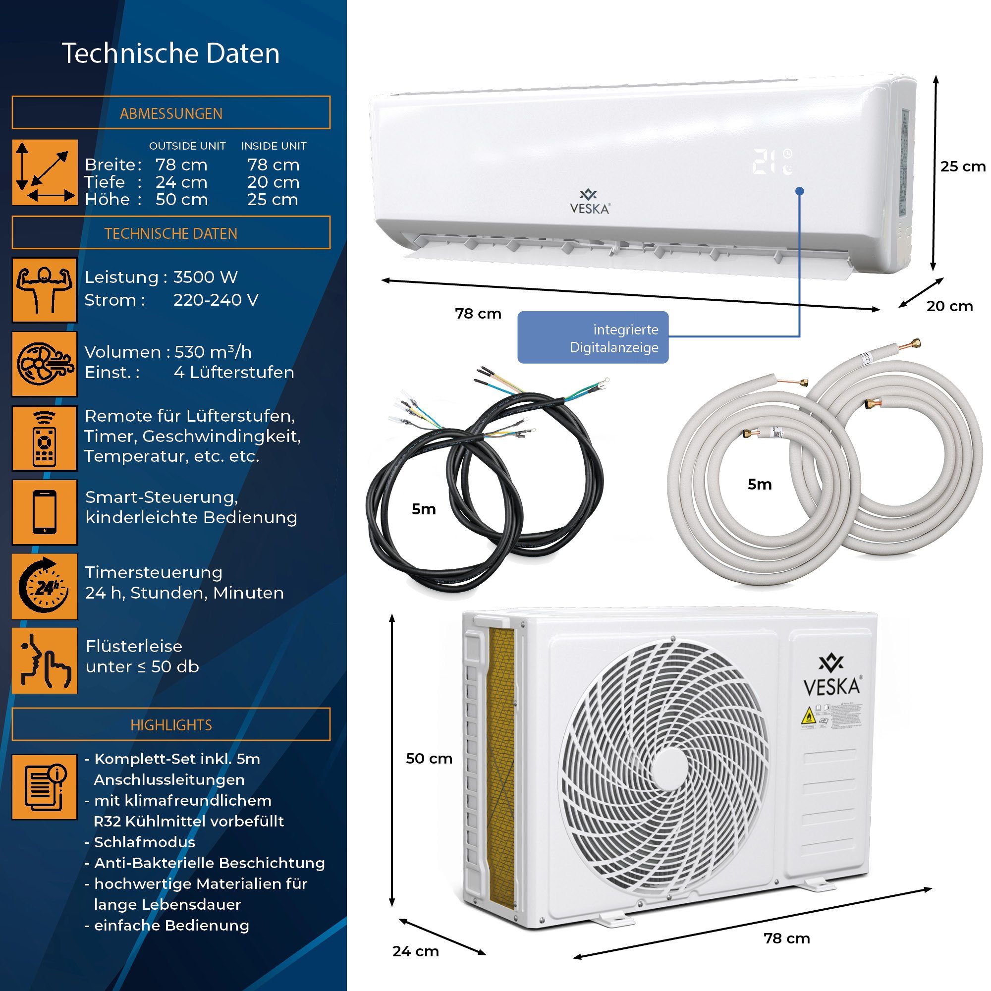 Split-Klimagerät Inverter Klimaanlage 12000 BTU - 3,5 KW - 2in1 Kühlen und Heizen