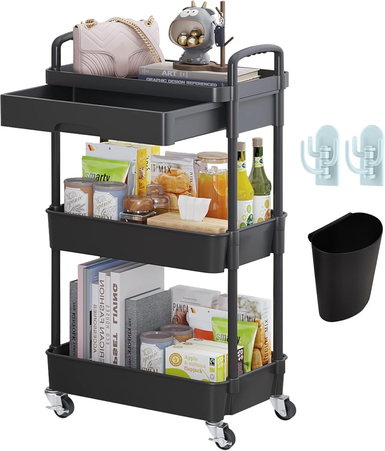 Wuciray 3 Levels Trolley with Wheels for Storage with Drawer, Space-Saving Trolley for Bathroom, Kitchen, Plastic