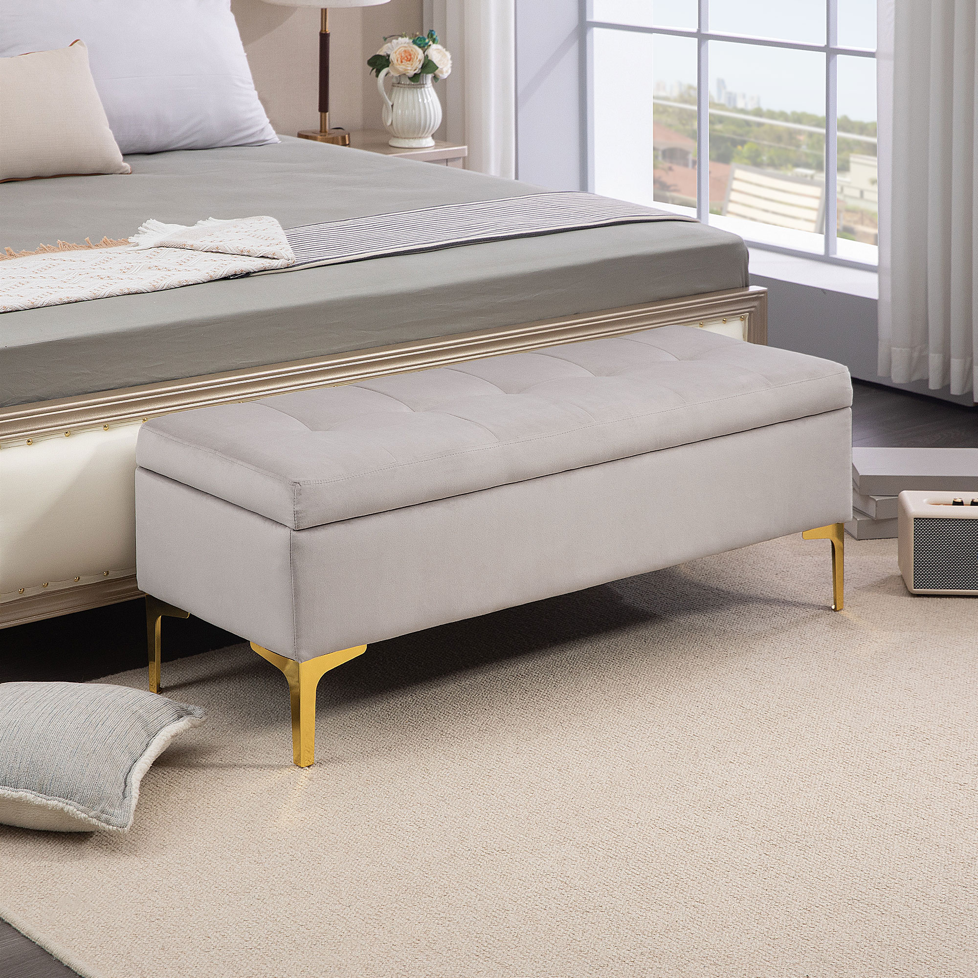 HOMCOM Aufbewahrungsbank Bankett 2-in-1 Gepolsterte Samt-Sitzfläche mit Metallfüßen 120 x 44 x 44,5 cm Grau und Gold