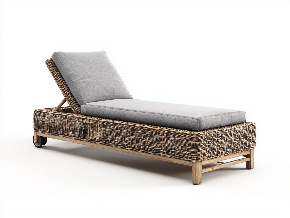 Sonnenliege-Rattan-Holz-Textil-192x68x40 cm-Natur-Grau-Ruhiger Gartenstil