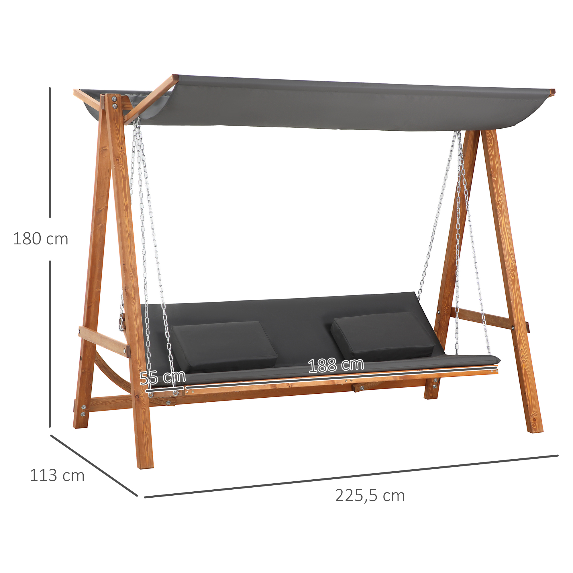 Outsunny hangmatschommel met bedfunctie 3-zits tuinschommel met dak ligbed tuinbank Lariks hout polyester grijs + teak 225.5 x 113 x 180 cm