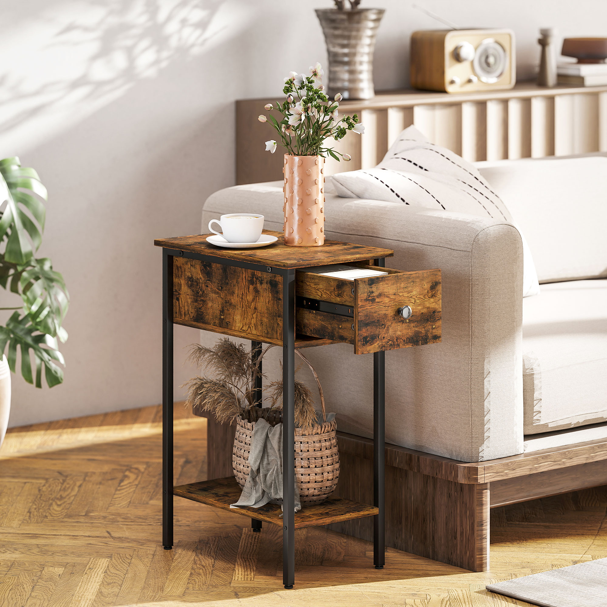 HOMCOM Beistelltisch mit offenem Fach und Schublade, Nachttisch, Metallbeine, Holz, Braun