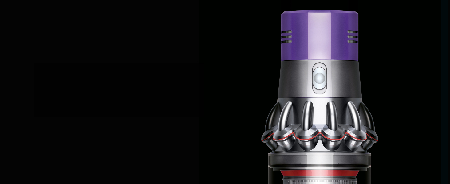 Primo piano del pulsante di accensione dell’aspirapolvere Dyson Cyclone V10 Absolute.