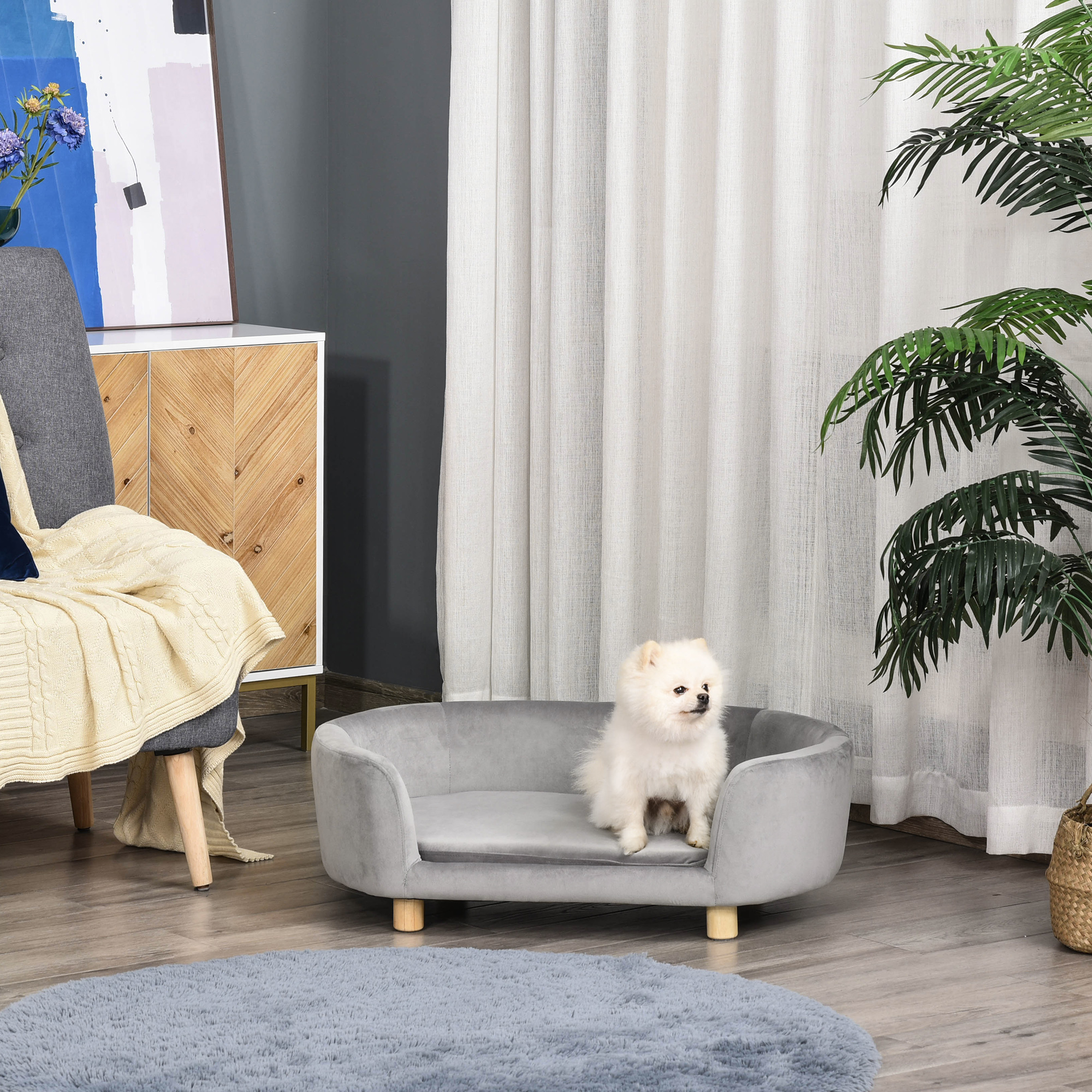 PawHut Haustiersofa Hundesofa Hundebett mit Holländischer Samt Schaumstoff Birke Bein für Katzen Hunde  86 x 55 x 33 cm Hellgrau