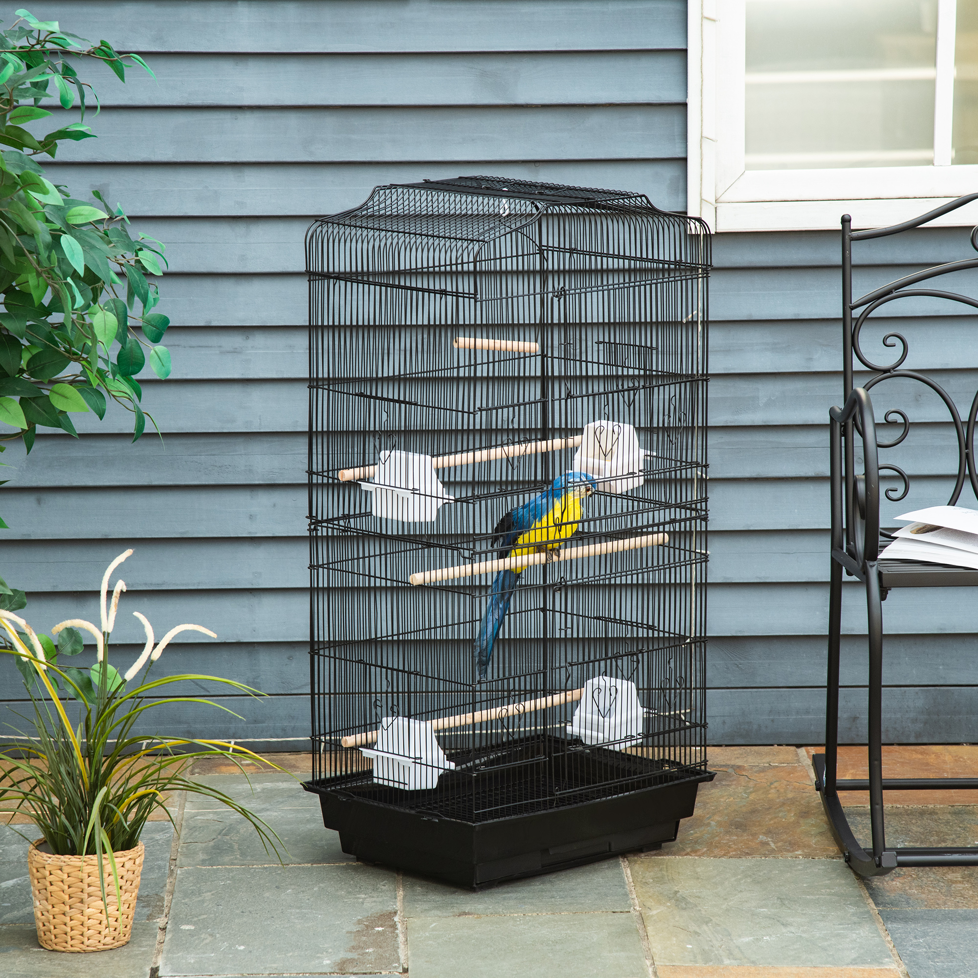 Pawhut Vogelkäfig Vogelvoliere mit Futtertrögen, Sitzstangen, herausnehmbarem Kotbrett, Käfig für Kanarienvögel, Wellensittiche, Papageien 46,5 x 35,5 x 92 cm schwarz