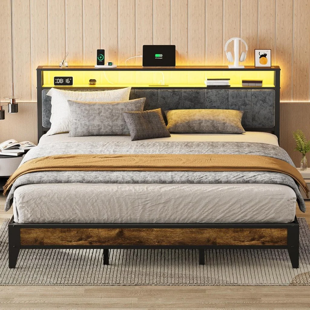 OLEVS Single Bed Frame with LED Light Storage Headboard and Type C Charging Station Metal Platform Bed Single Size No Box Spring Required