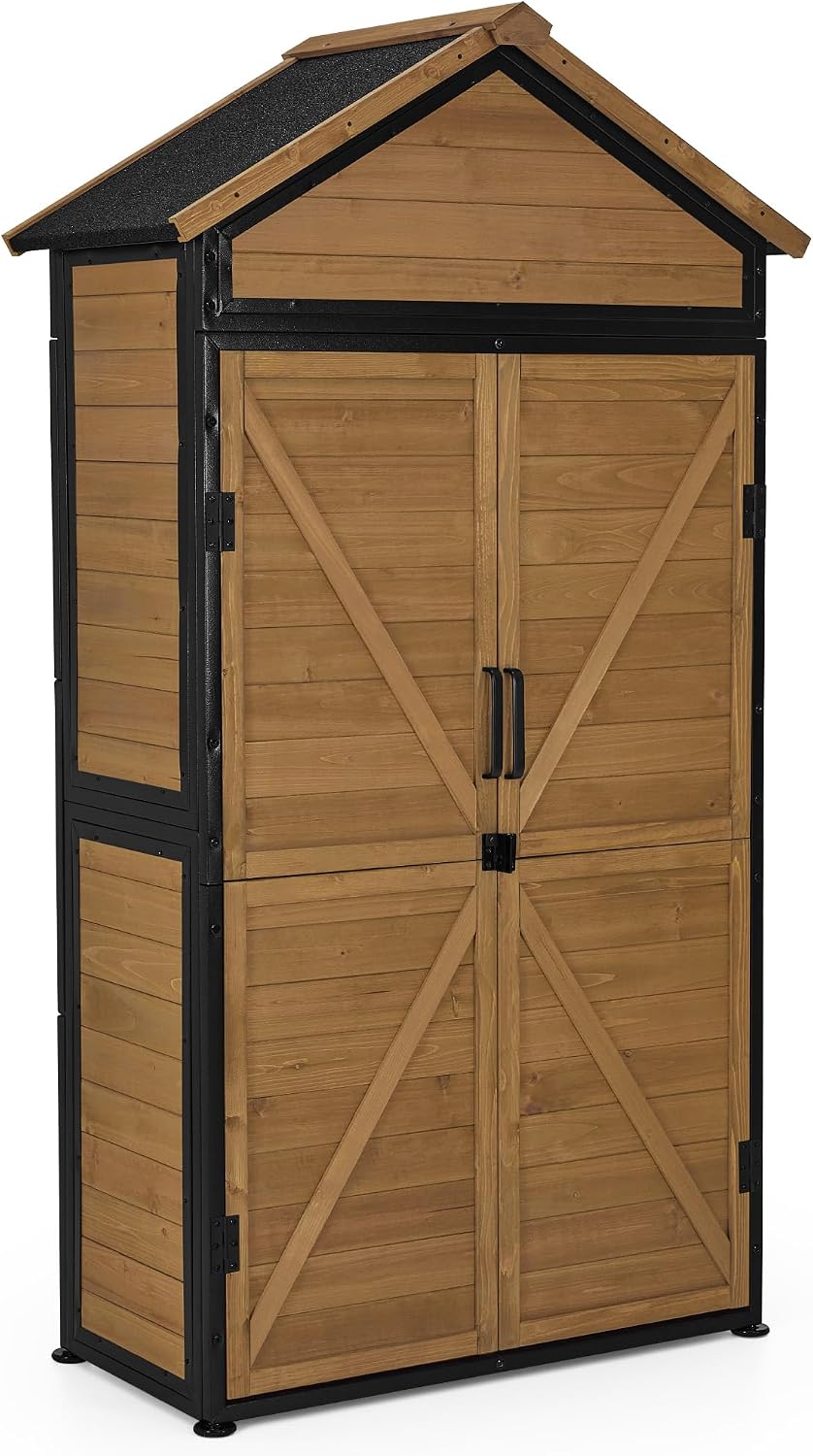 Gerätehaus M MCombo, 45×90×165 cm, Natur, Gartenschrank Gartenhaus Holz Metgallgestell Wetterfest, Outdoor, für Außenbereich Garten Terrasse