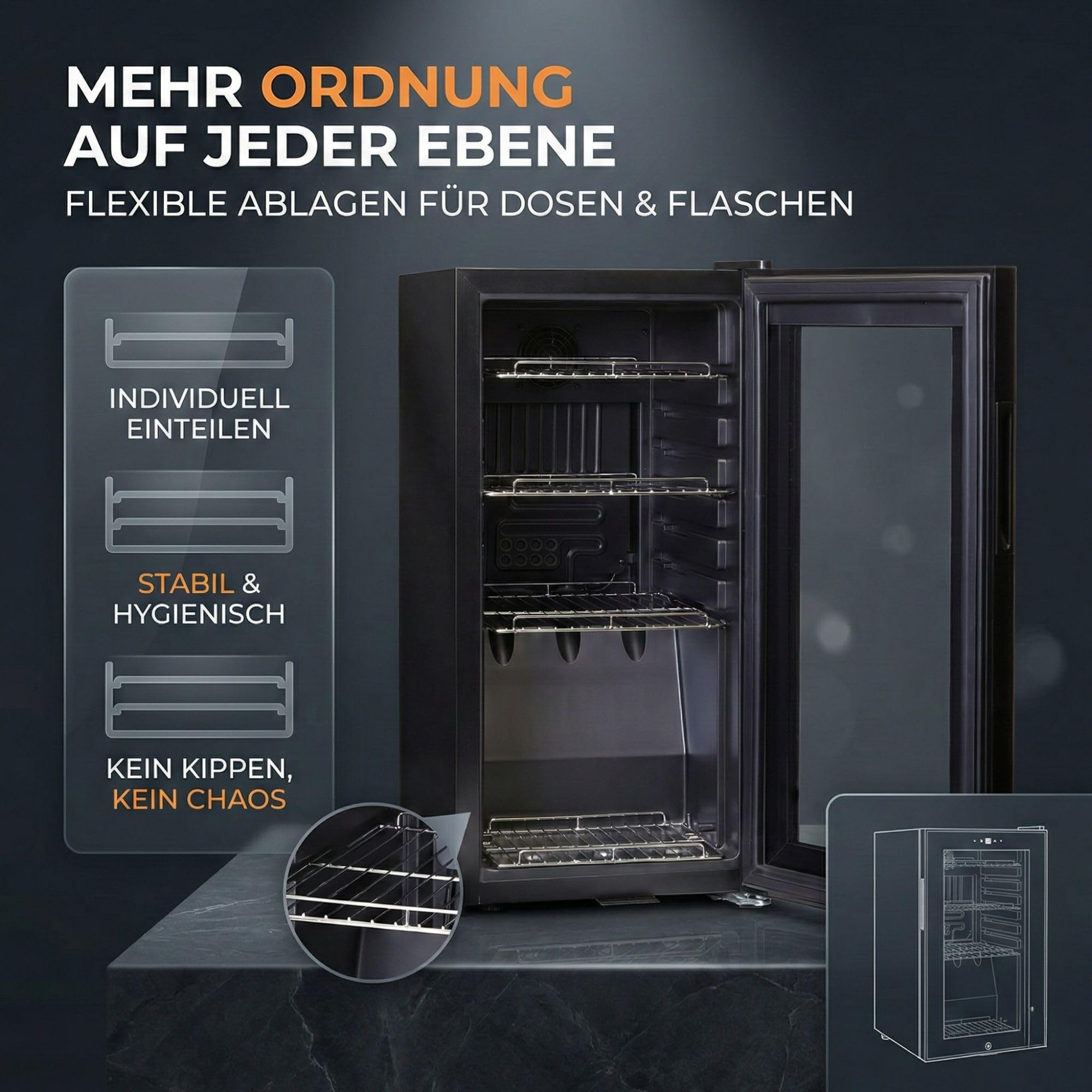 Getränkekühlschrank 50 L mit Glastür, Touchsteuerung, LED-Beleuchtung und Schloss, freistehend, 2–10 °C