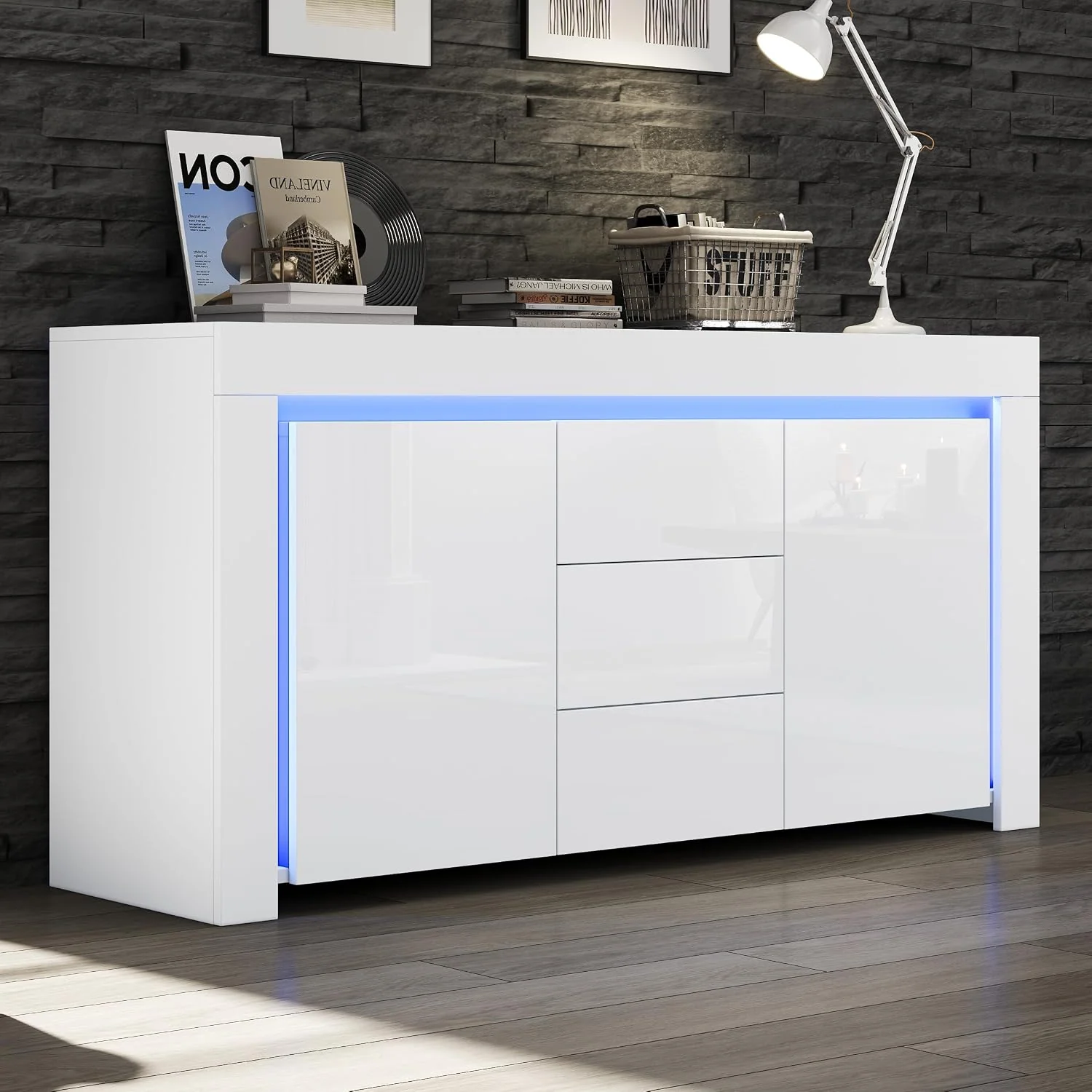 Hochglanz Sideboard Wohnzimmer mit 3 Schubladen und 2 Türen, Büros,140×40×65cm, Buffetschrank mit LED-Lichtleiste, Flur, Weiß