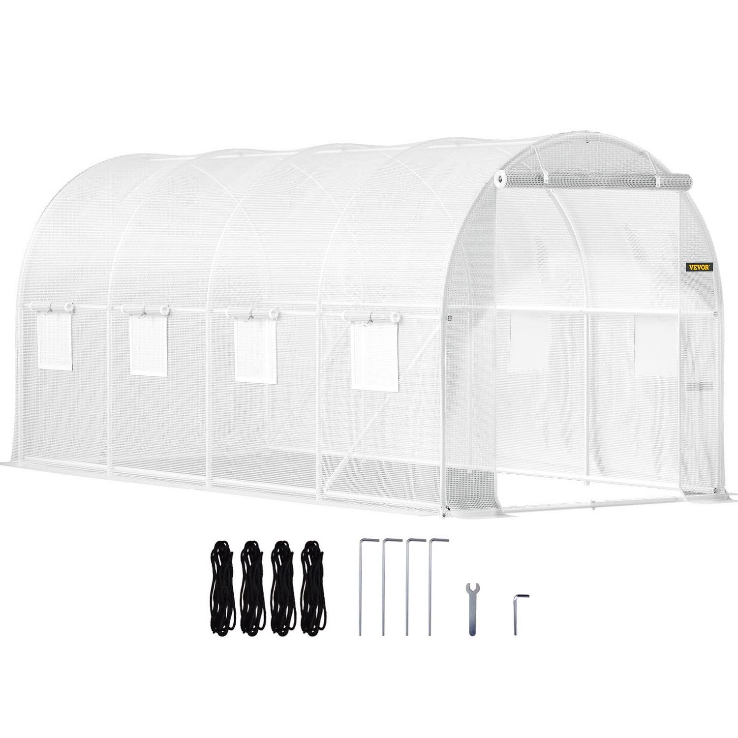 VEVORbrand 15x7x7 ft Walk in Tunnel Greenhouse, Portable Plant House, Galvanized Steel Frame, Zippered Door, 8 Roll up Windows, White