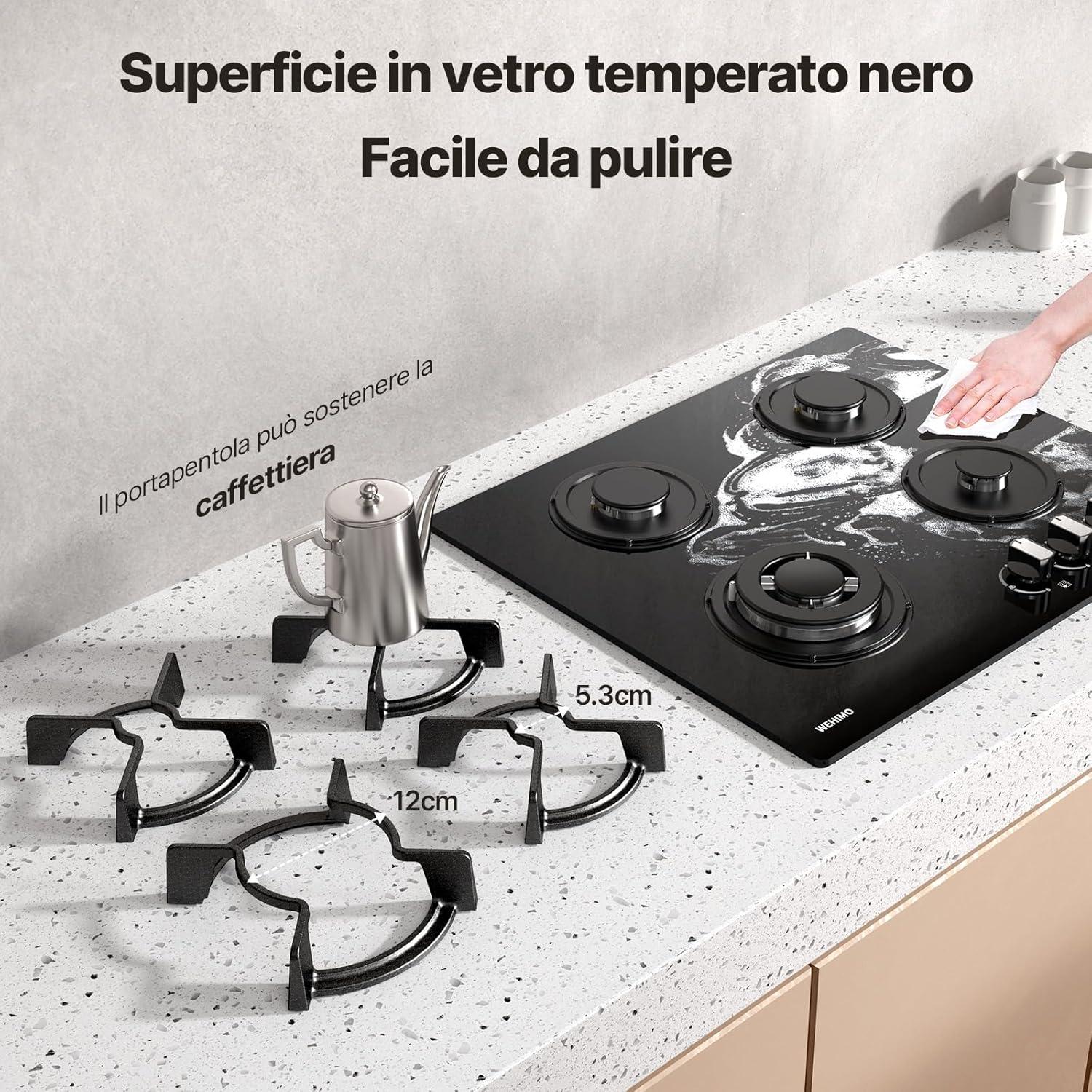 WEHIMO Piano Cottura a Gas 4 Fuochi da Incasso, 60cm, 7800W, Protezione Flame-Out, Gas Naturale/Propano/Butano, Vetro Nero