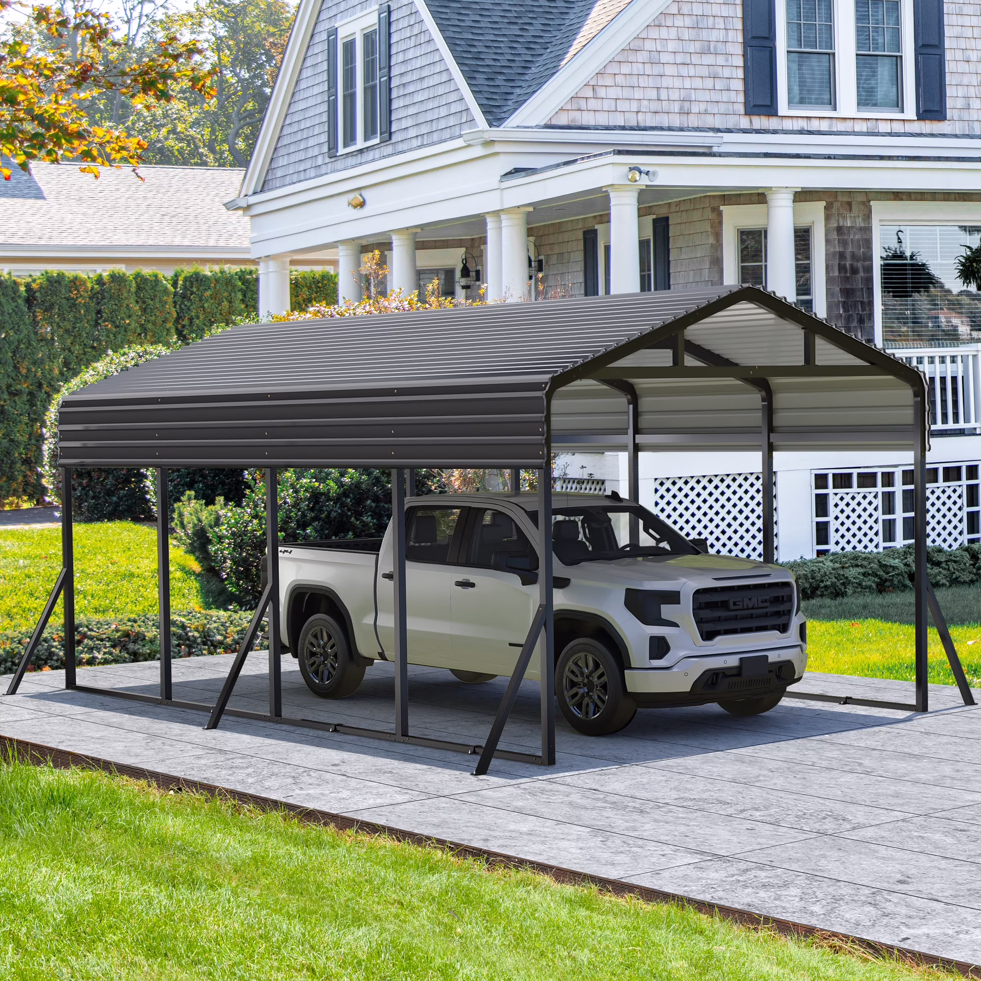 MUCHANT 12’X20’ Outdoor Heavy-Duty Carport Galvanized Steel Roof with Reinforced Stable Triangle Frame & Enhanced Base for Car, Pickup and Truck
