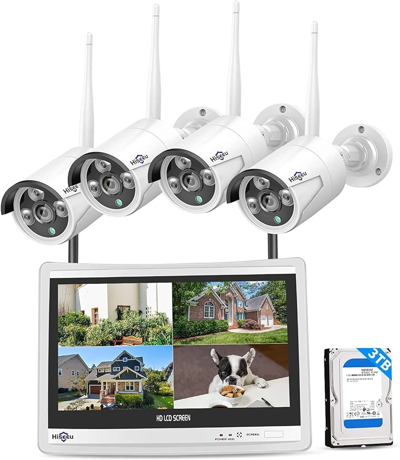 Hiseeu Monitor, Weiß/Schwarz, [16CH Expandable] Home Security System, 24/7 Recording 5MP Wired Plug-in Powered Outdoor Bullet