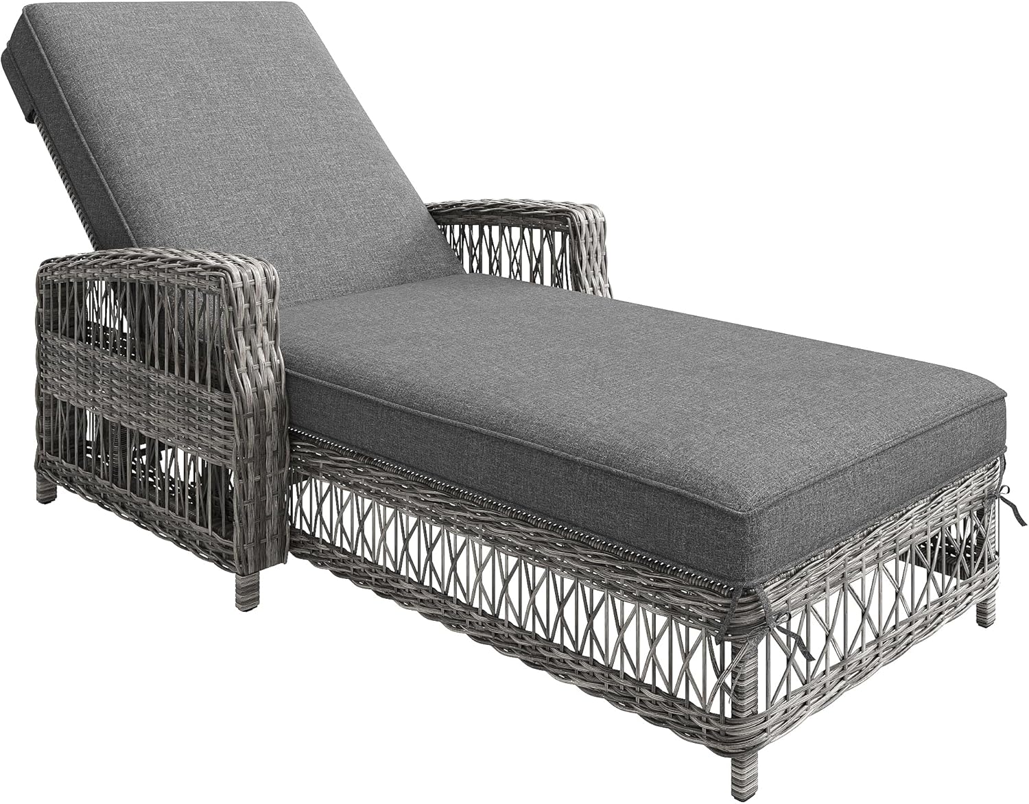 Lcoho Outdoor-Liege aus Rattan(1 Set), wetterfeste Sonnenliege mit Verstellbarer Rückenlehne, Gartenliege mit abnehmbarem Kissen, für Terrasse, Balkon, Poolbereich, grau
