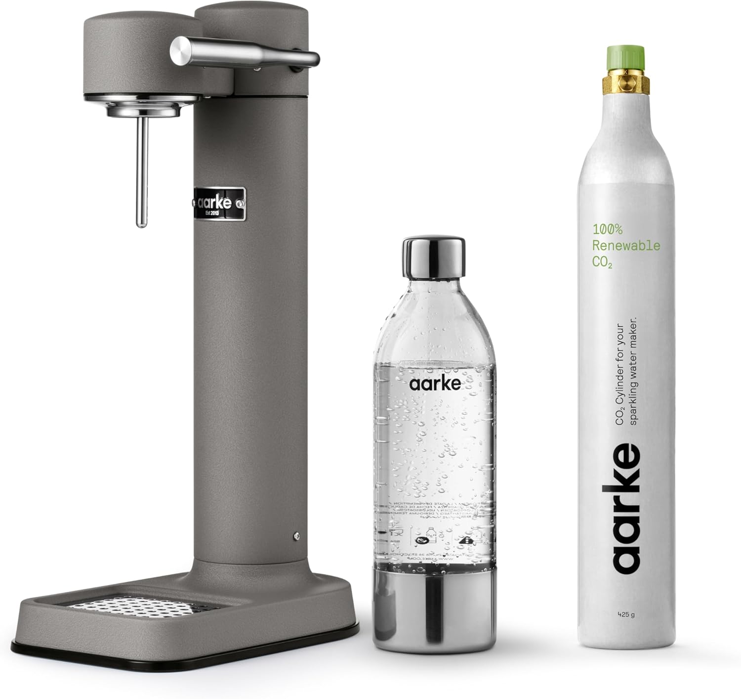 Aarke Carbonator lll with CO2 Cylinder, Sparkling & Carbonation Water Machine, Stainless Steel with PET BPA-Free Reusable Bottle Volume 1L/34 fl oz (Matte Grey)
