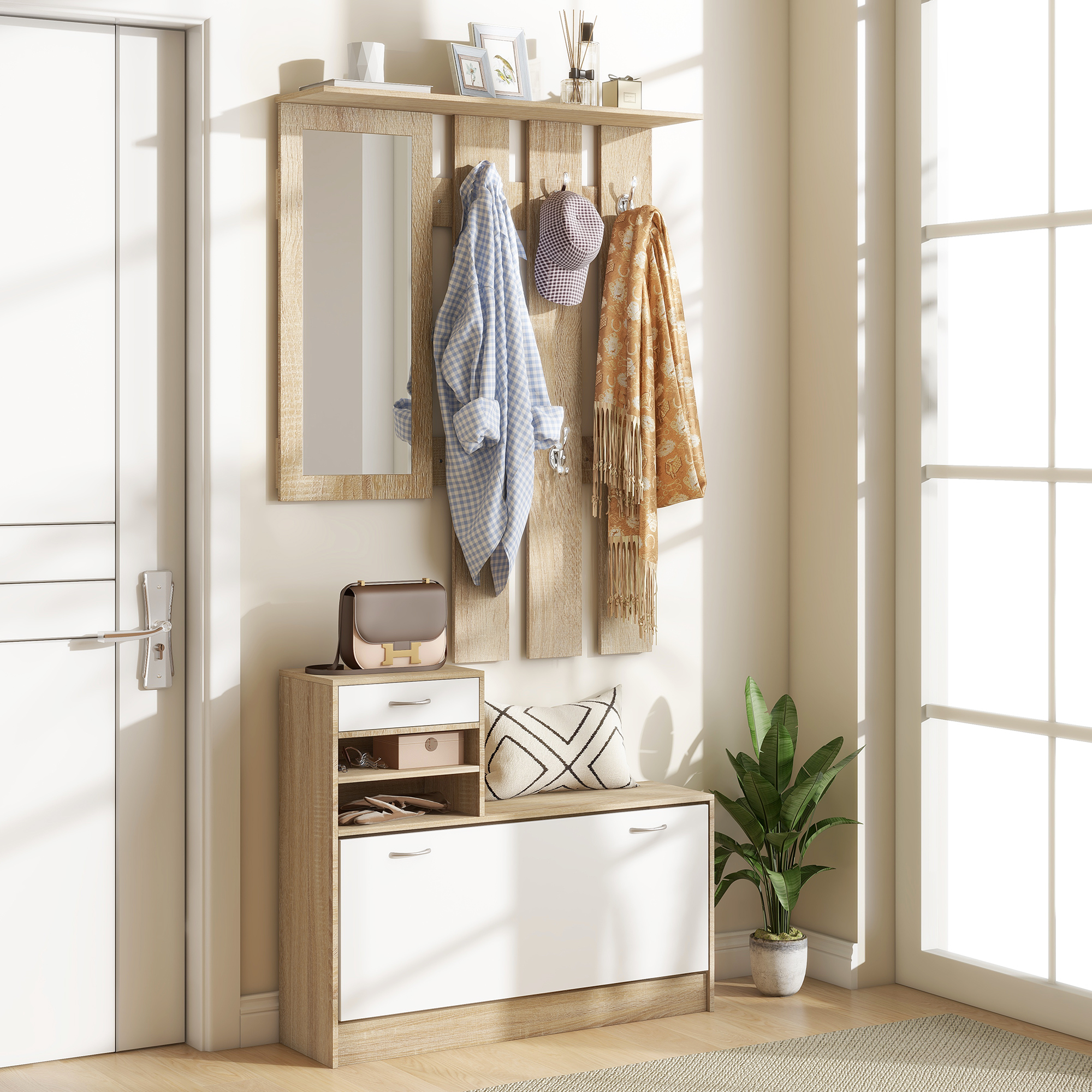 HOMCOM Eingangsmöbel Set mit Garderobenpaneel, Spiegel und Schuhschrank - 6 Haken und verstellbares Regal