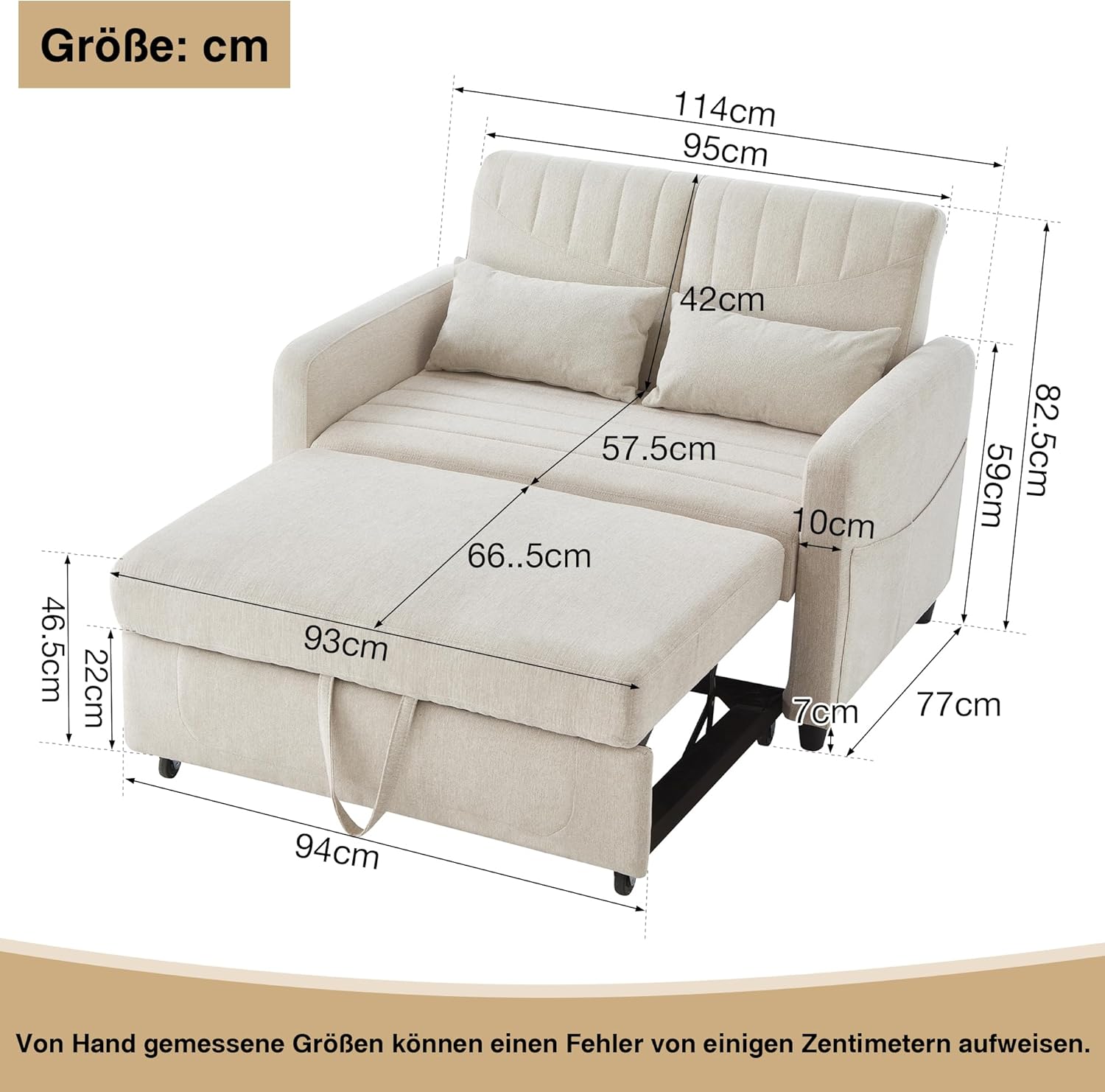 Divano pieghevole a due posti, design allungabile, semplice e moderno, stile contemporaneo, schienale regolabile in tre livelli, tessuto in cotone e lino traspirante (beige)